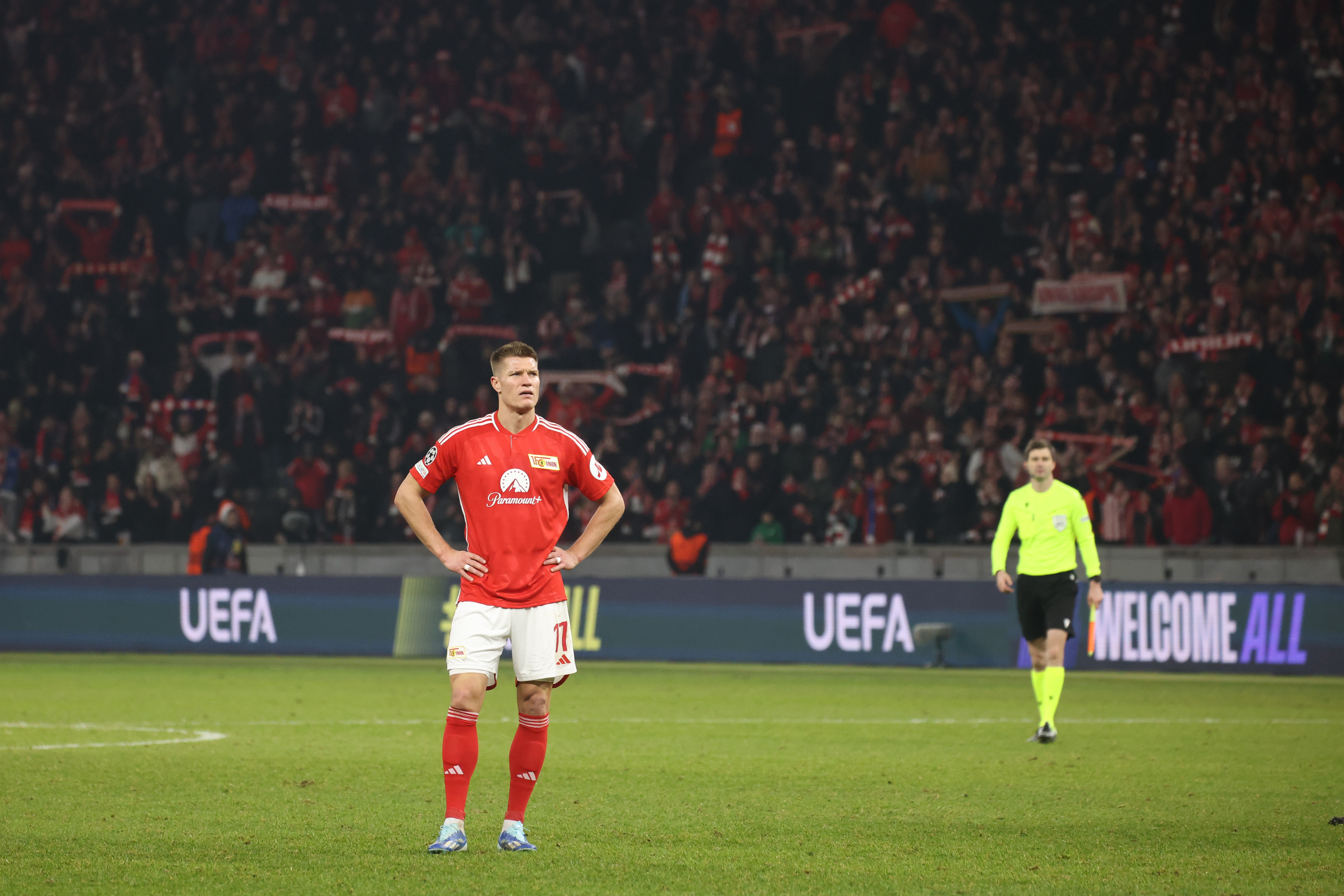 epa11025576 Berlin's Kevin Behrens reacts after the UEFA Champions League group stage match between Union Berlin and Real Madrid, in Berlin, Germany, 12 December 2023.  EPA-EFE/CLEMENS BILAN