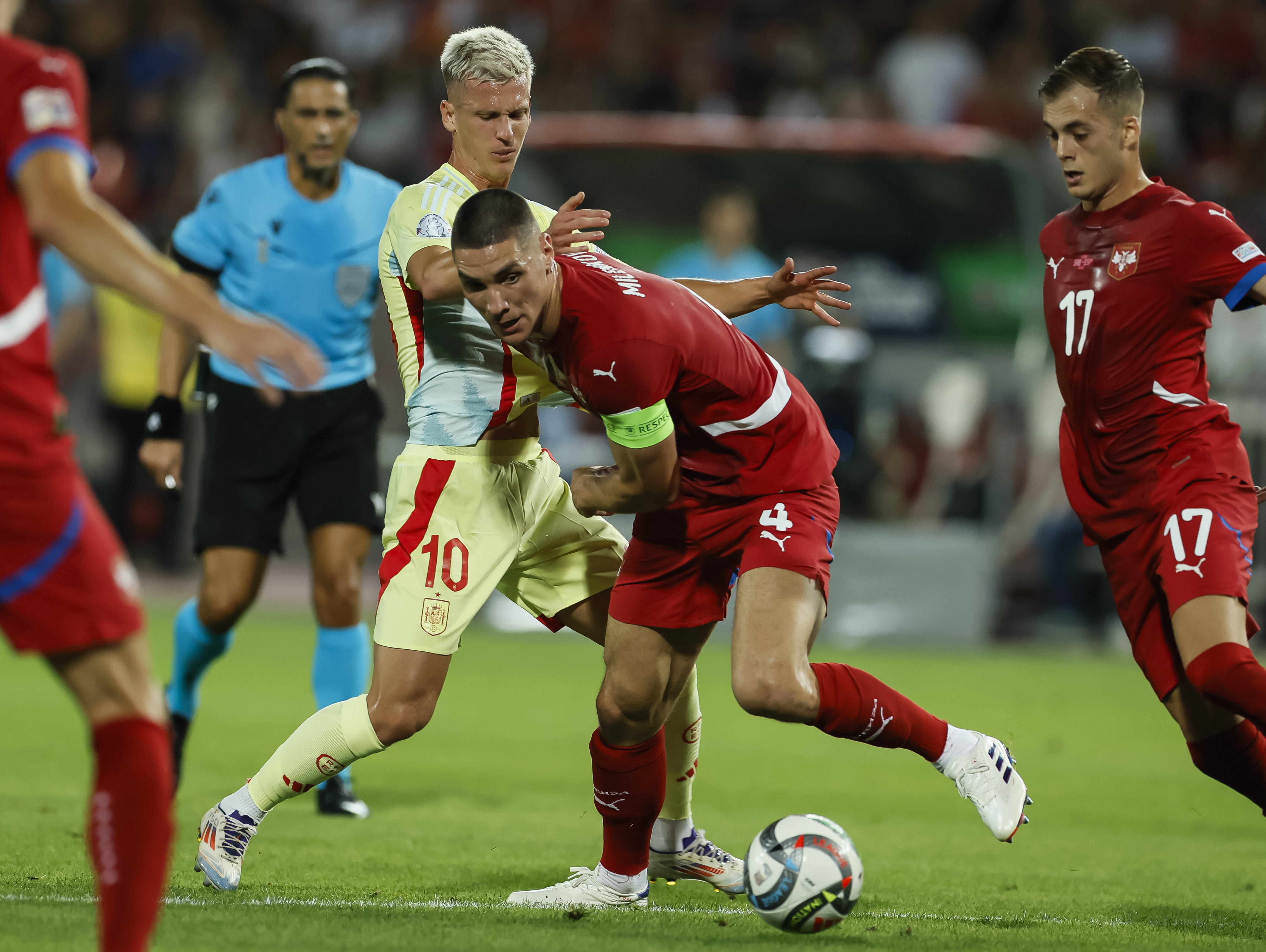 Nikola Milenkovic (R) and Dani Olmo (L) during the UEFA Nations League 2024/25 League A Group A4 match between Serbia and Spain at stadium Rajko Mitic on September 05, 2024 in Belgrade, Serbia. (Photo by Nikola Gligic/Starsport.rs)