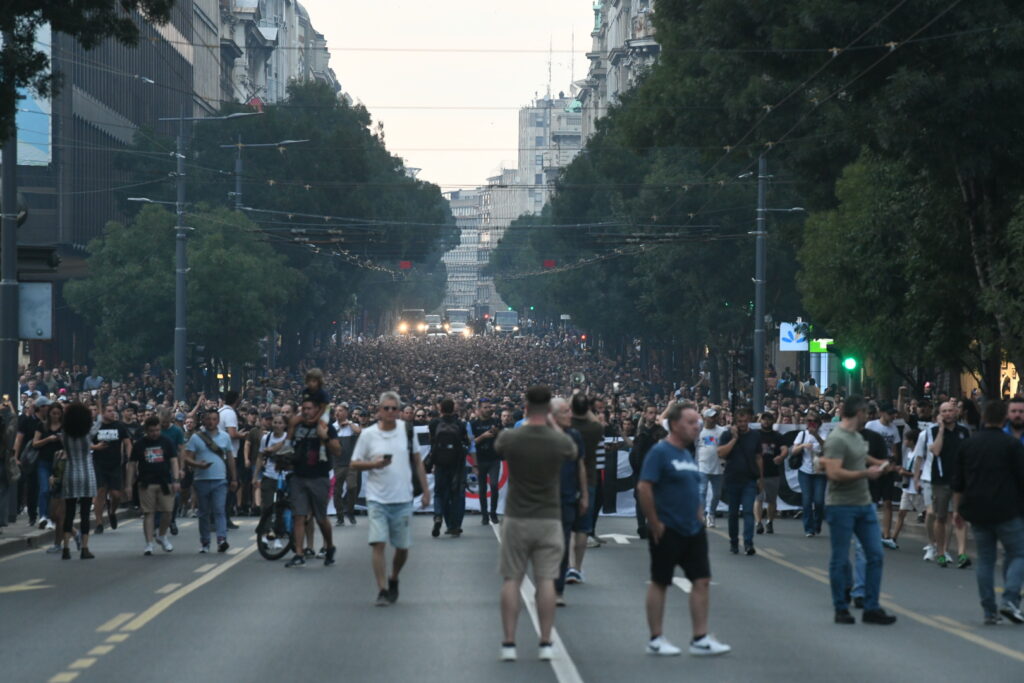 Beograd 31. avgust 2023. Protest navijaca Partizana grobari na Terazijama Foto:Vesna Lalić/Nova.rs