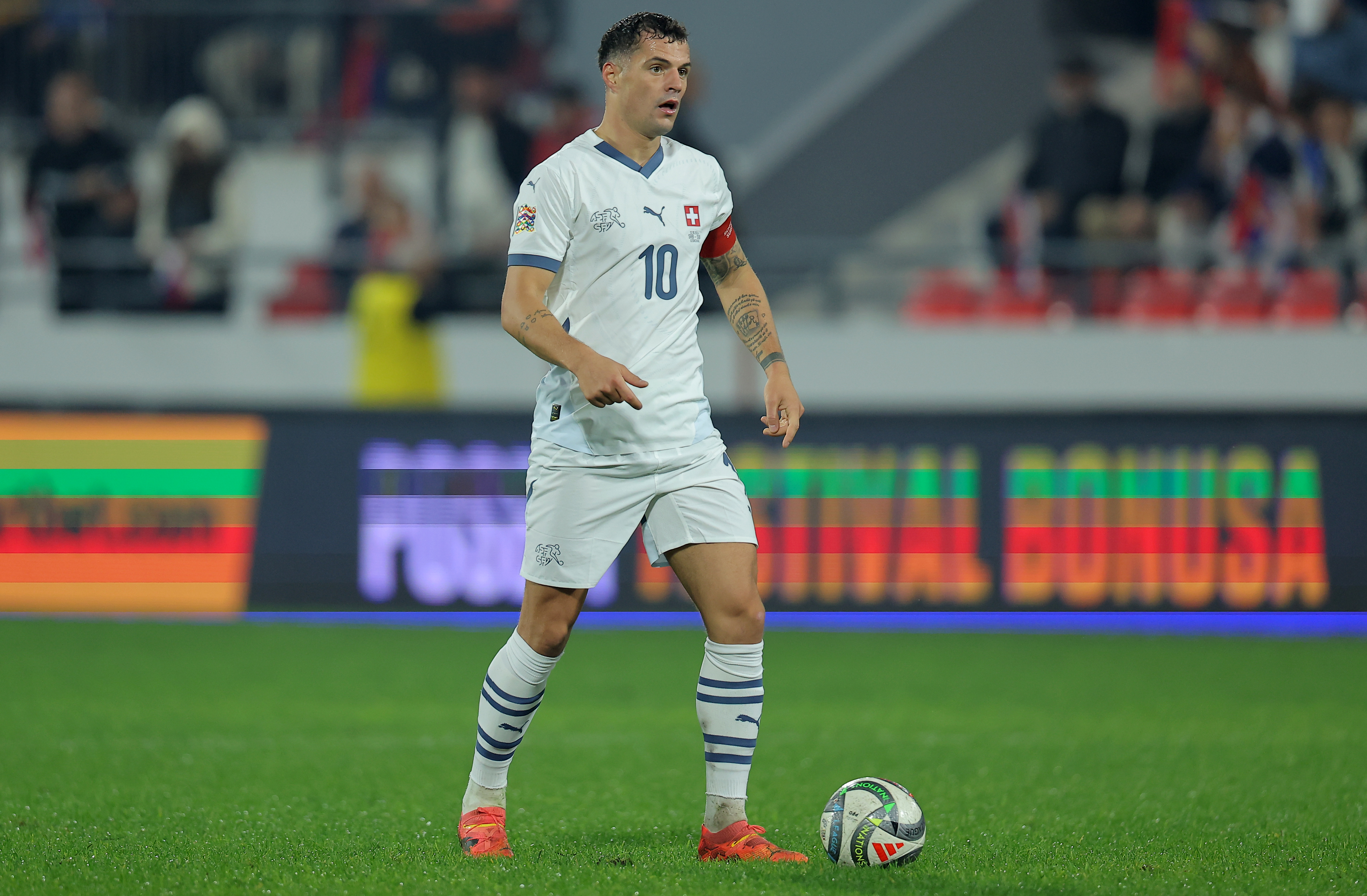Switzerland's Granit Xhaka controls the ball during UEFA Nations League Group A4 football match between Serbia and Switzerland on Oct. 12. 2024. in Leskovac, Serbia. 
photo: Pedja Milosavljevic/STARSPORT