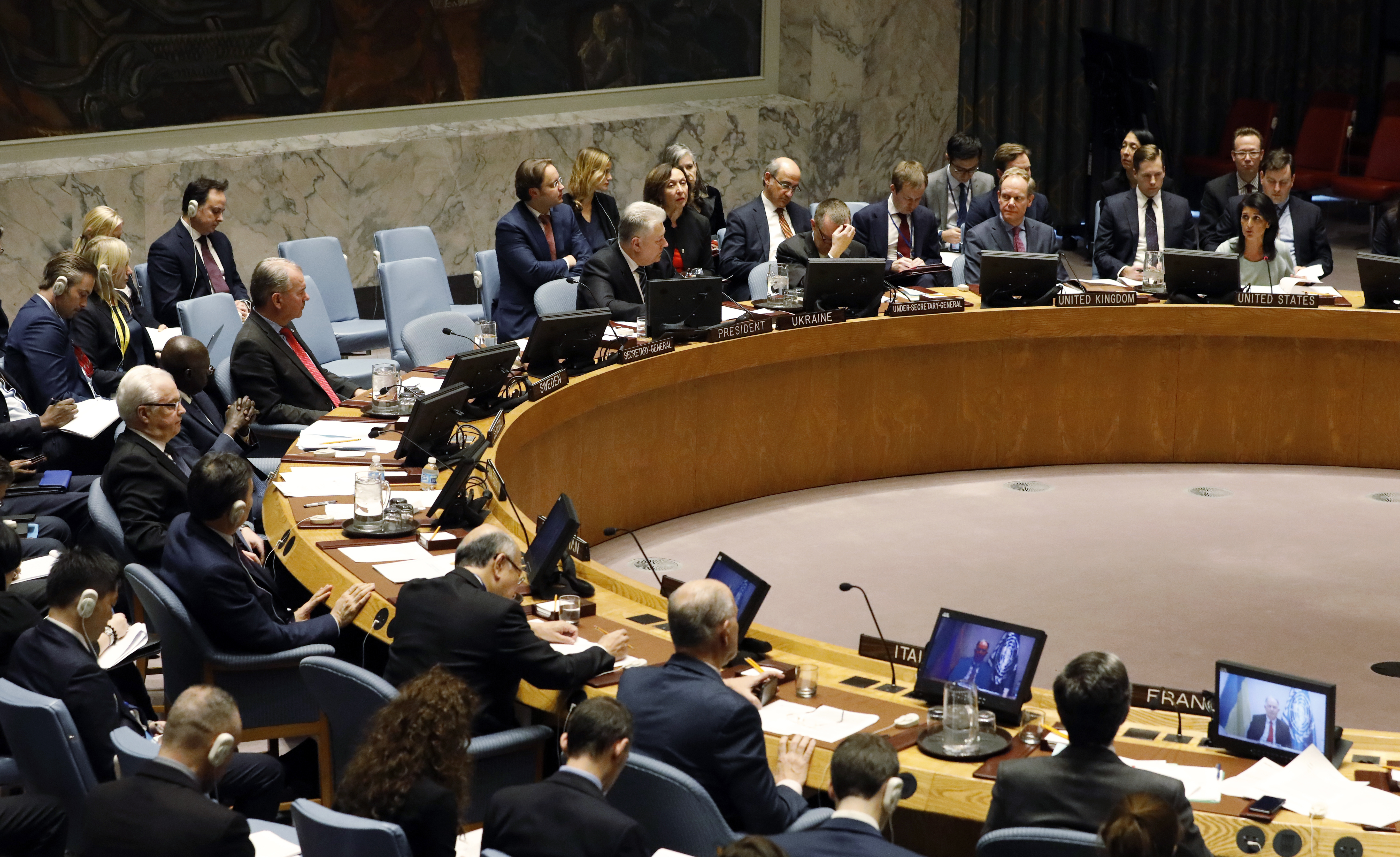 US Ambassador to the United Nations Nikki Haley, waits to address a Security Council on the situation in Ukraine