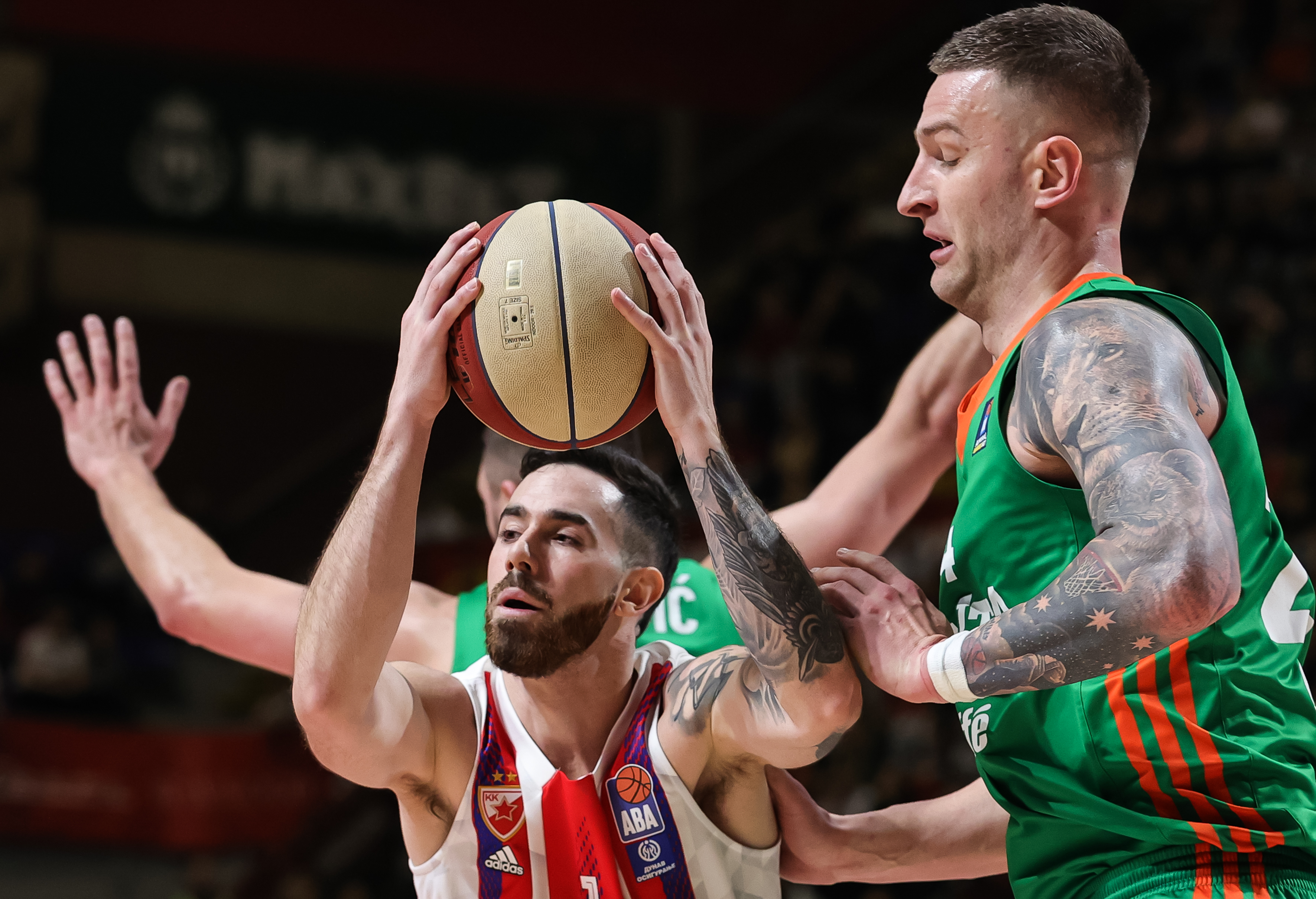 Luca Vildoza (L) and Alen Omic during the 2022/2023 Aba League match between Crvena Zvezda mts Belgrade and Cedevita Olimpija at Aleksandar Nikolic Hall on January 23, 2023 in Belgrade, Serbia. (Photo by Srdjan Stevanovic/Starsport.rs ©)