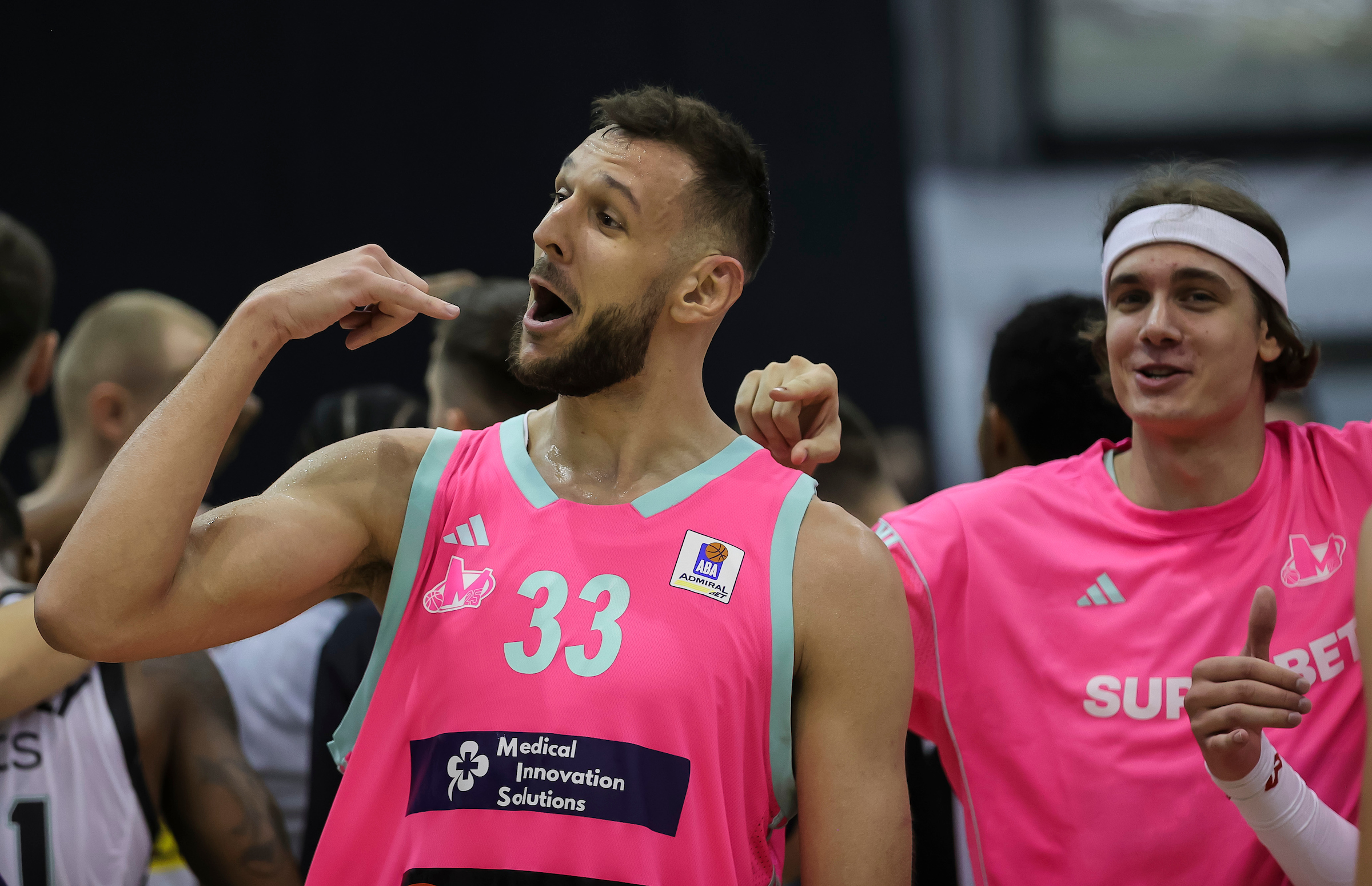 Uros Plavsic (L) celebrates after winning the Aba League Season 2023-2024 match between Mega and Partizan at Ranko Zeravica Hall on October 23, 2023 in Belgrade, Serbia. (Photo by Srdjan Stevanovic/Starsport.rs ©)