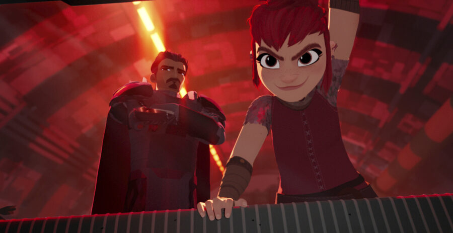 This image released by Netflix shows Ballister Boldheart, voiced by Riz Ahmed, left, and Nimona, voiced by Chloë Grace Moretz, in a scene from "Nimona." (Netflix via AP)