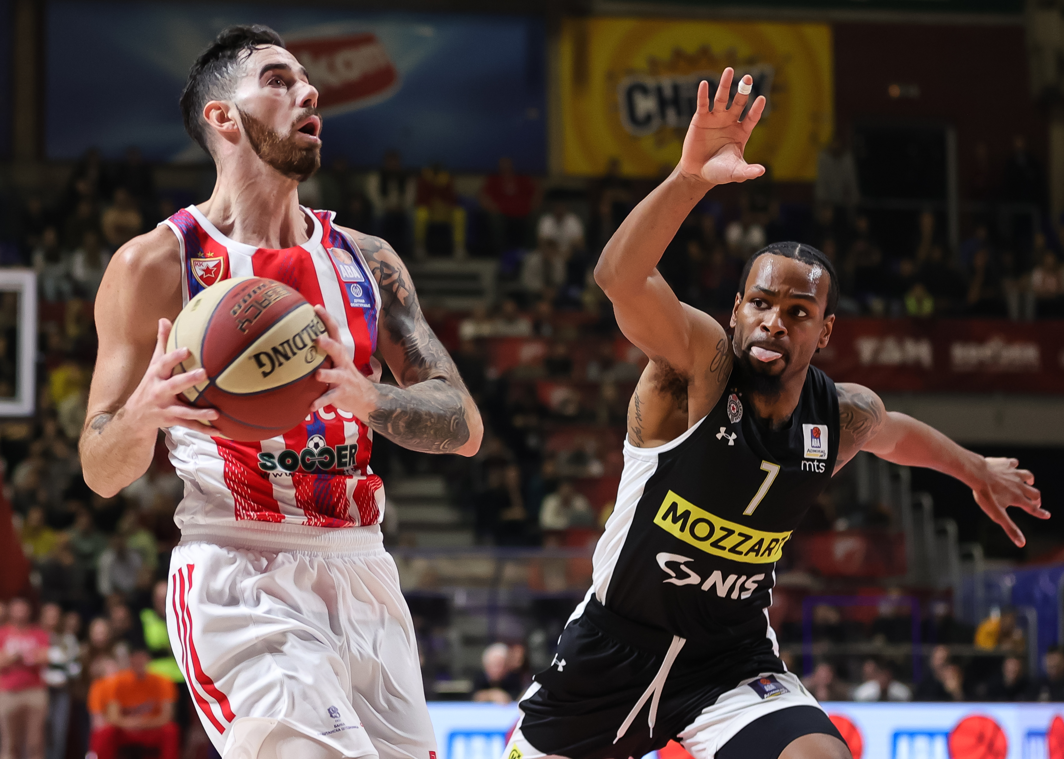 Luca Vildoza (L) and Kevin Punter during the 2022/2023 Aba League match between Crvena Zvezda mts Belgrade and Partizan Mozzart Bet at Aleksandar Nikolic Hall on November 28, 2022 in Belgrade, Serbia. (Photo by Srdjan Stevanovic/Starsport.rs ©)
