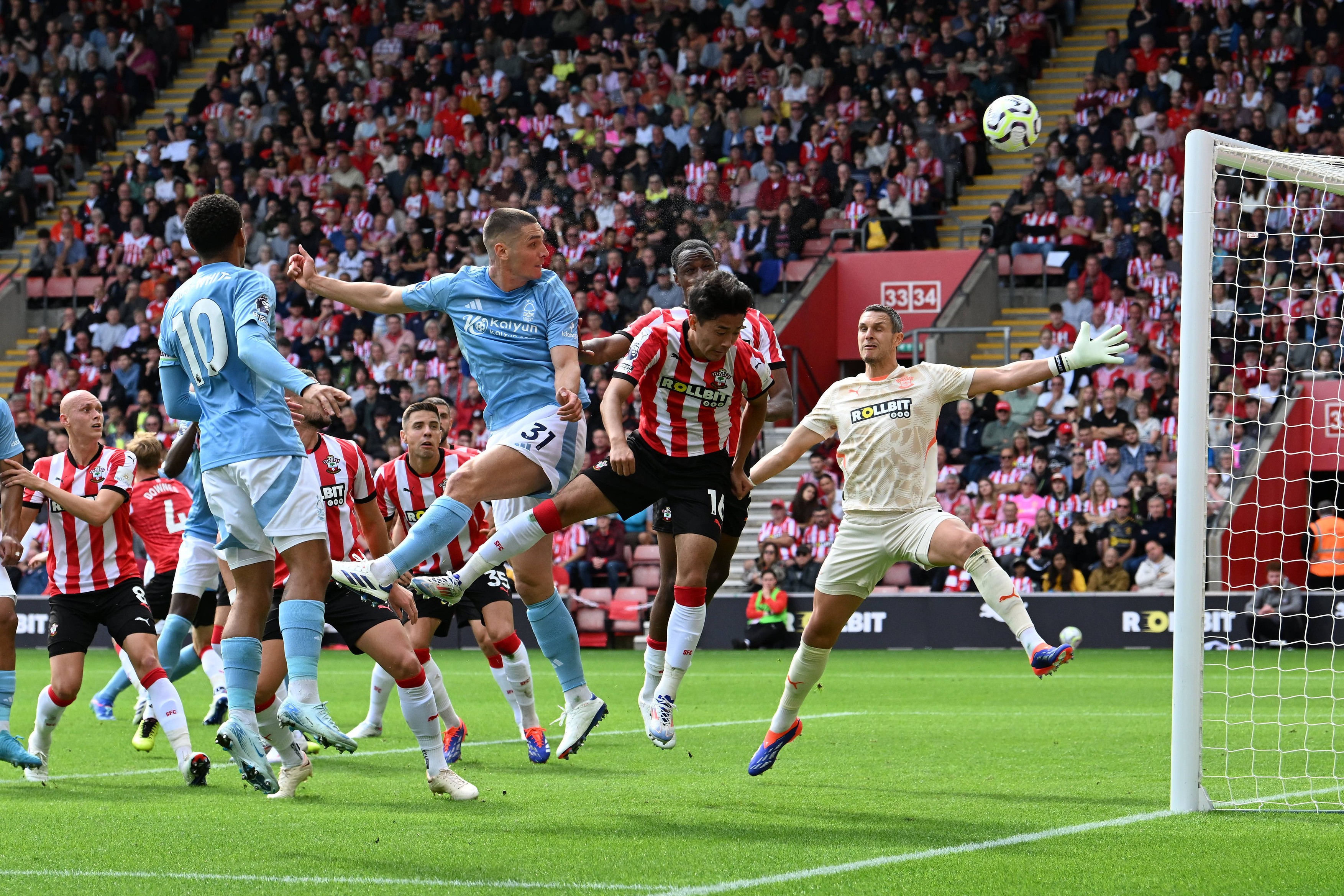 Southampton v Nottingham Forest Premier League 24/08/2024. Nikola Milenkovic (31) of Nottingham Forest shoots at goal wi