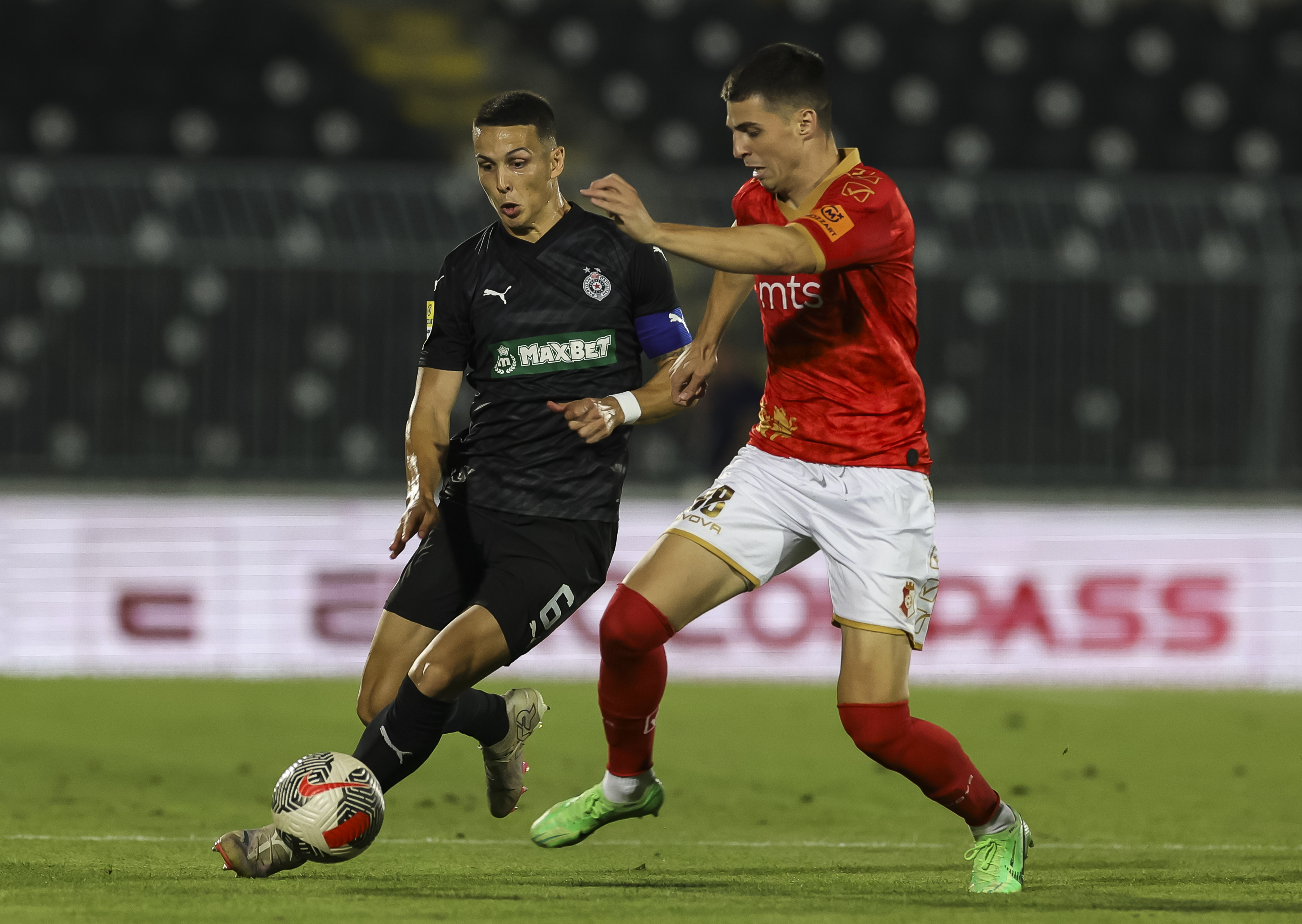 Svetozar Markovic (L) and Marko Saric during the Mozzart Super Liga 2024/2025 match between Partizan and Napredak Krusevac at stadium FK Partizan (JNA) on July 19, 2024 in Belgrade, Serbia. (Photo by Srdjan Stevanovic/Starsport.rs ©)