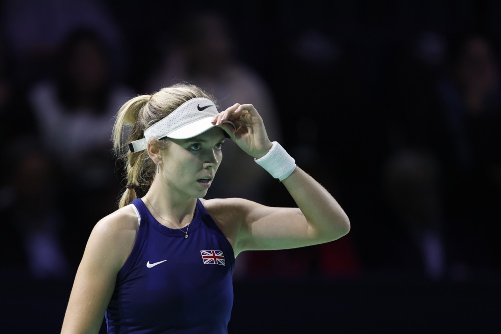 epa11729237 Katie Boulter of the UK looks on during her Billie Jean King Cup World Group match against Rebecca Sramkova of Slovakia, in Malaga, Spain, 19 November 2024.  EPA-EFE/JORGE ZAPATA