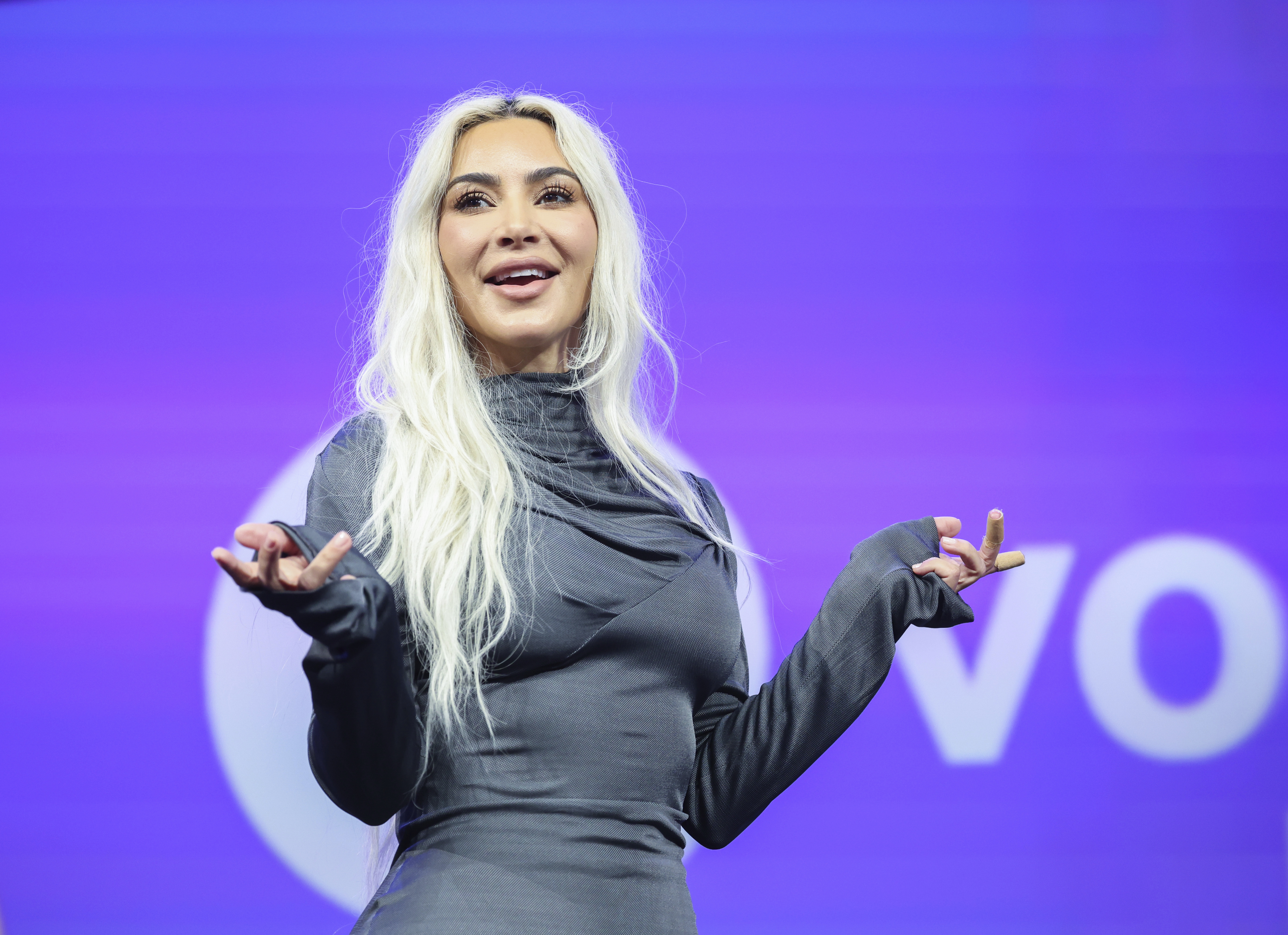 US media personality Kim Kardashian speaks at the OMR digital and marketing trade fair, in Hamburg, Germany, Tuesday, May 7, 2024. (Christian Charisius/dpa via AP)