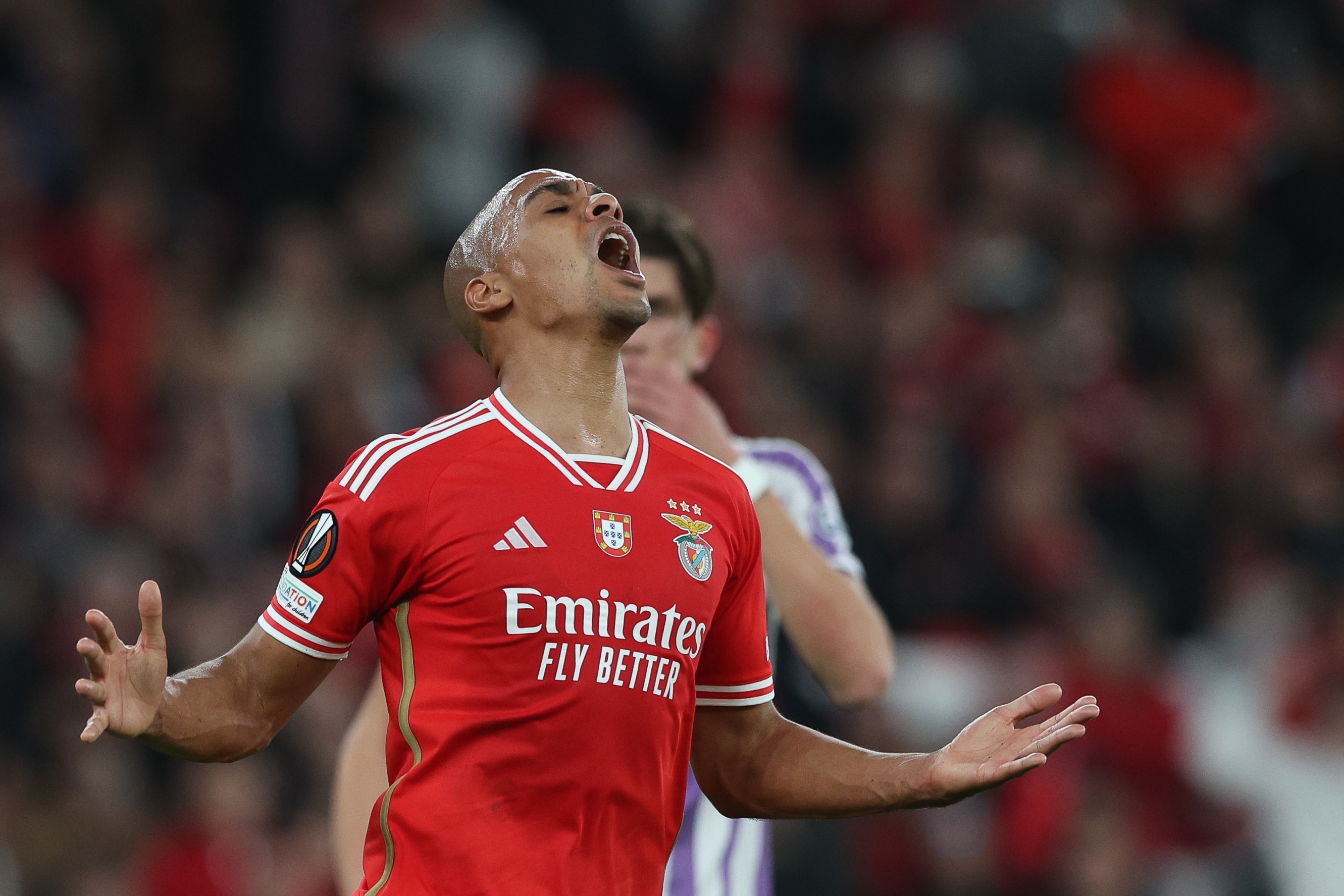epa11156473 Benfica player Joao Mario reacts after missing a goal during their UEFA Europa League knockout round playoff first leg match held at Luz Stadium, Lisbon, Portugal, 15 February 2024.  EPA-EFE/TIAGO PETINGA