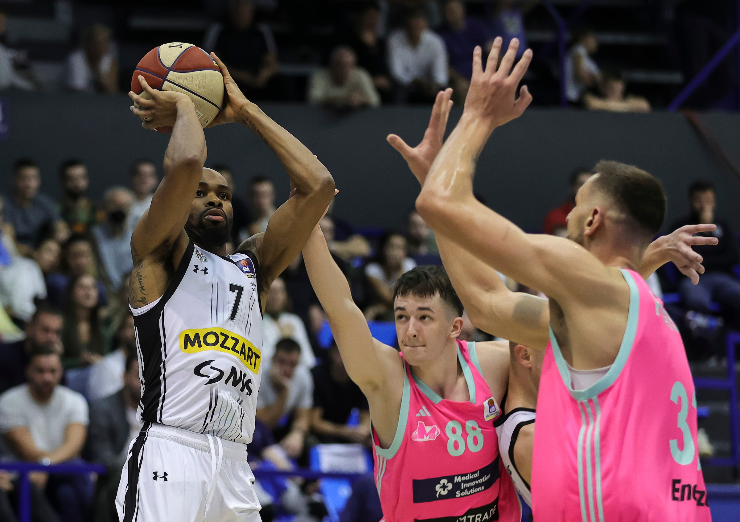 Kevin Punter, #7 of Partizan Mozzart Bet Belgrade Timotej Malovec (C) during the Aba League Season 2023-2024 match between Mega and Partizan at Ranko Zeravica Hall on October 23, 2023 in Belgrade, Serbia. (Photo by Srdjan Stevanovic/Starsport.rs ©)