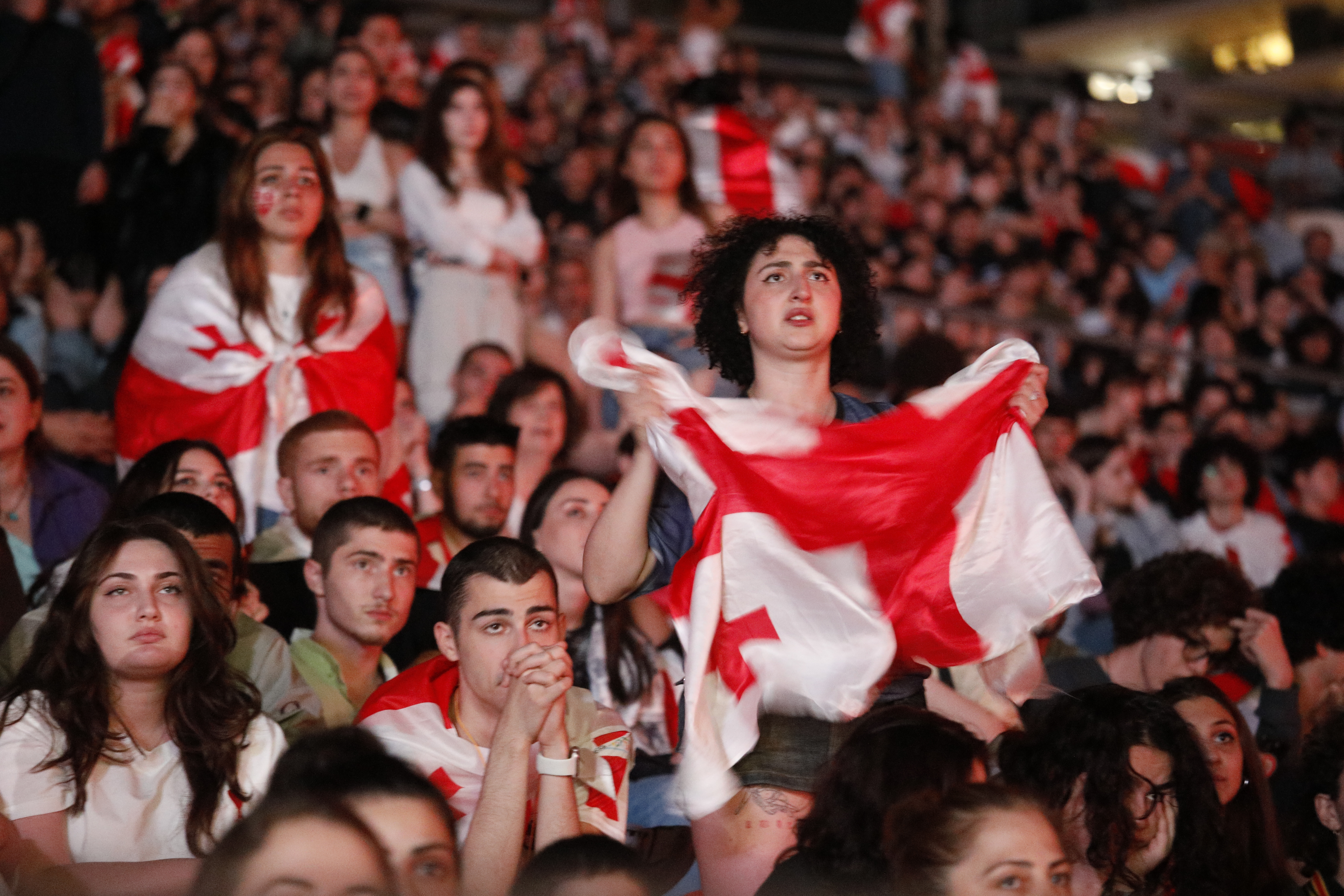 epa11448978 Dejected Georgia supporters watch a public screening of the UEFA EURO 2024 Round of 16 soccer match between Georgia and Spain, in Tbilisi, Georgia, 30 June 2024.  EPA-EFE/DAVID MDZINARISHVILI