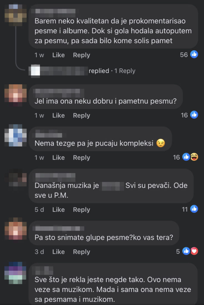 Ovo su komentari sa FB stranice Radio S3 za video snimak Mie Borisavljević. 
Blurujte sva imena samo da ostanu komentari i u 4. komentaru na drugoj slice reč "sranje"