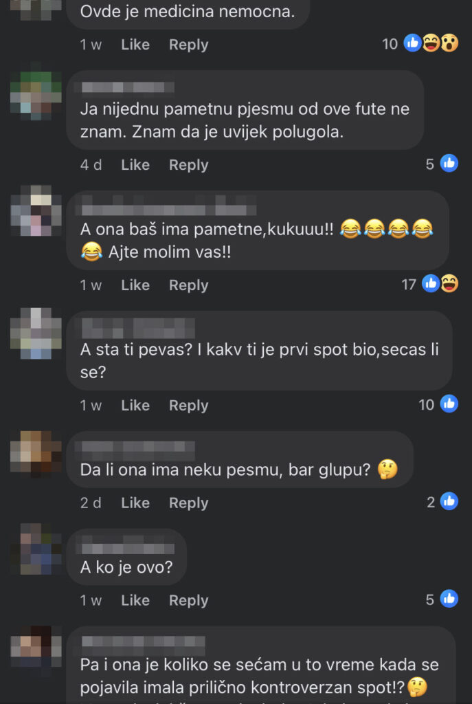 Ovo su komentari sa FB stranice Radio S3 za video snimak Mie Borisavljević. 
Blurujte sva imena samo da ostanu komentari i u 4. komentaru na drugoj slice reč "sranje"