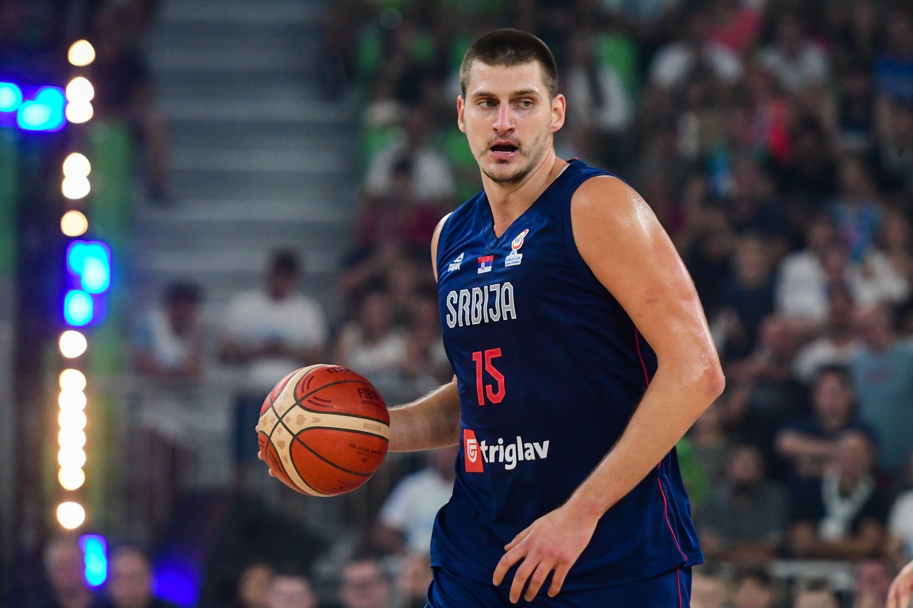 Ljubjlana, Slovenia. 17th Aug, 2022. Nikola Jokic #15 of Serbia in action during the International Friendly basketball between Slovenia and Serbia at Arena Stozice. Credit: SOPA Images Limited/Alamy Live News