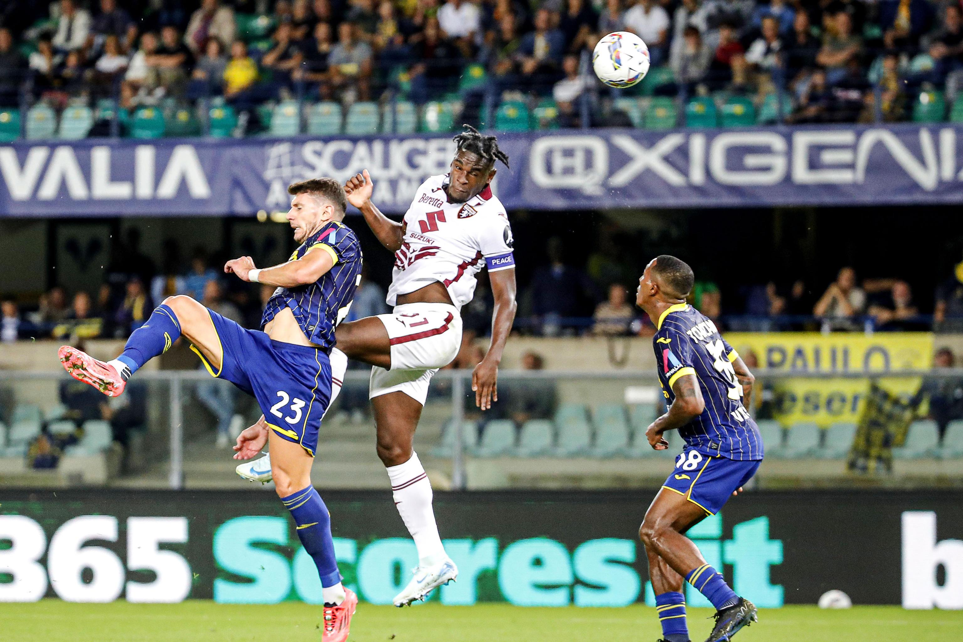 epa11616317 Torino's Duvan Zapata (C) scores the 2-1 lead during the Italian Serie A soccer match Hellas Verona vs Torino Fc at Marcantonio Bentegodi stadium in Verona, Italy, 20 September 2024.  EPA-EFE/EMANUELE PENNACCHIO