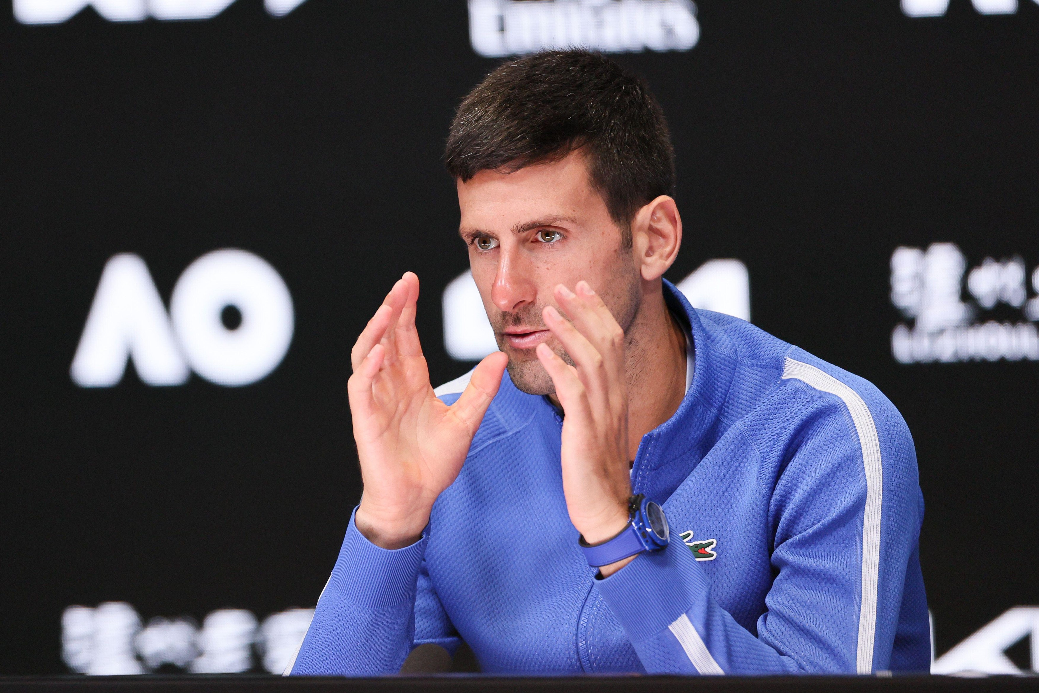 Melbourne, Australia. 26th Jan, 2024. 1st seed NOVAK DJOKOVIC of Serbia in his post match media conference after losing to 4th seed JANNIK SINNER of Italy on Rod Laver Arena in a Men's Singles Semifinal match on day 13 of the 2024 Australian Open in Melbo