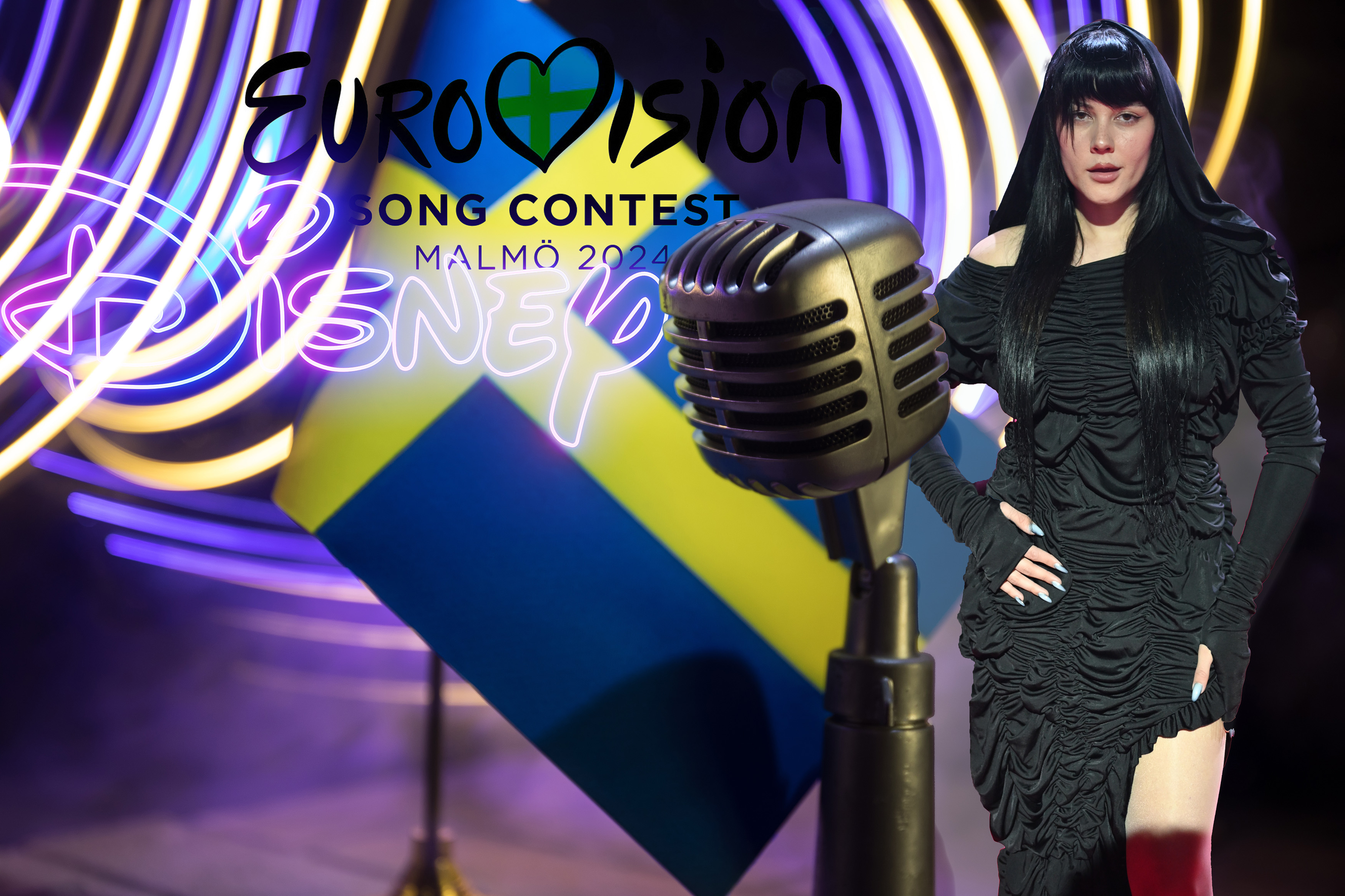 Microphone on a background of a blurry flag Sweden close-up. dark table decoration. Selective focus