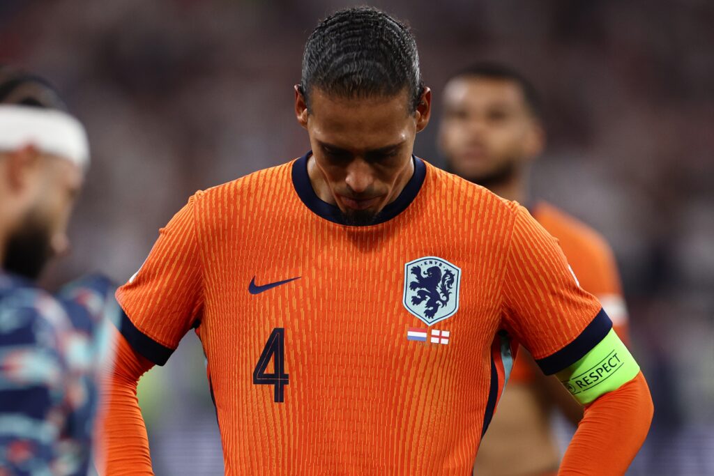 epa11471538 Virgil van Dijk of the Netherlands reacts after losing the UEFA EURO 2024 semi-finals soccer match between the Netherlands and England, in Dortmund, Germany, 10 July 2024.  EPA-EFE/ANNA SZILAGYI