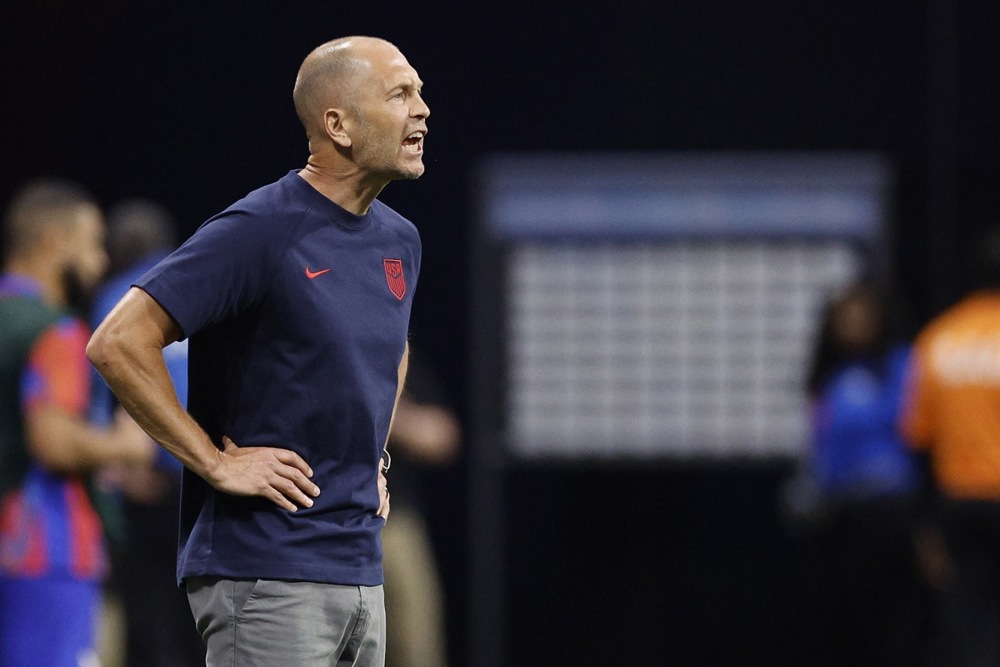 epa11442236 Head coach Gregg Berhalter of the United States shouts from the sideline during the first half of the CONMEBOL Copa America 2024 group C match between Panama and USA, in Atlanta, Georgia, USA, 27 June 2024.  EPA-EFE/ERIK S. LESSER