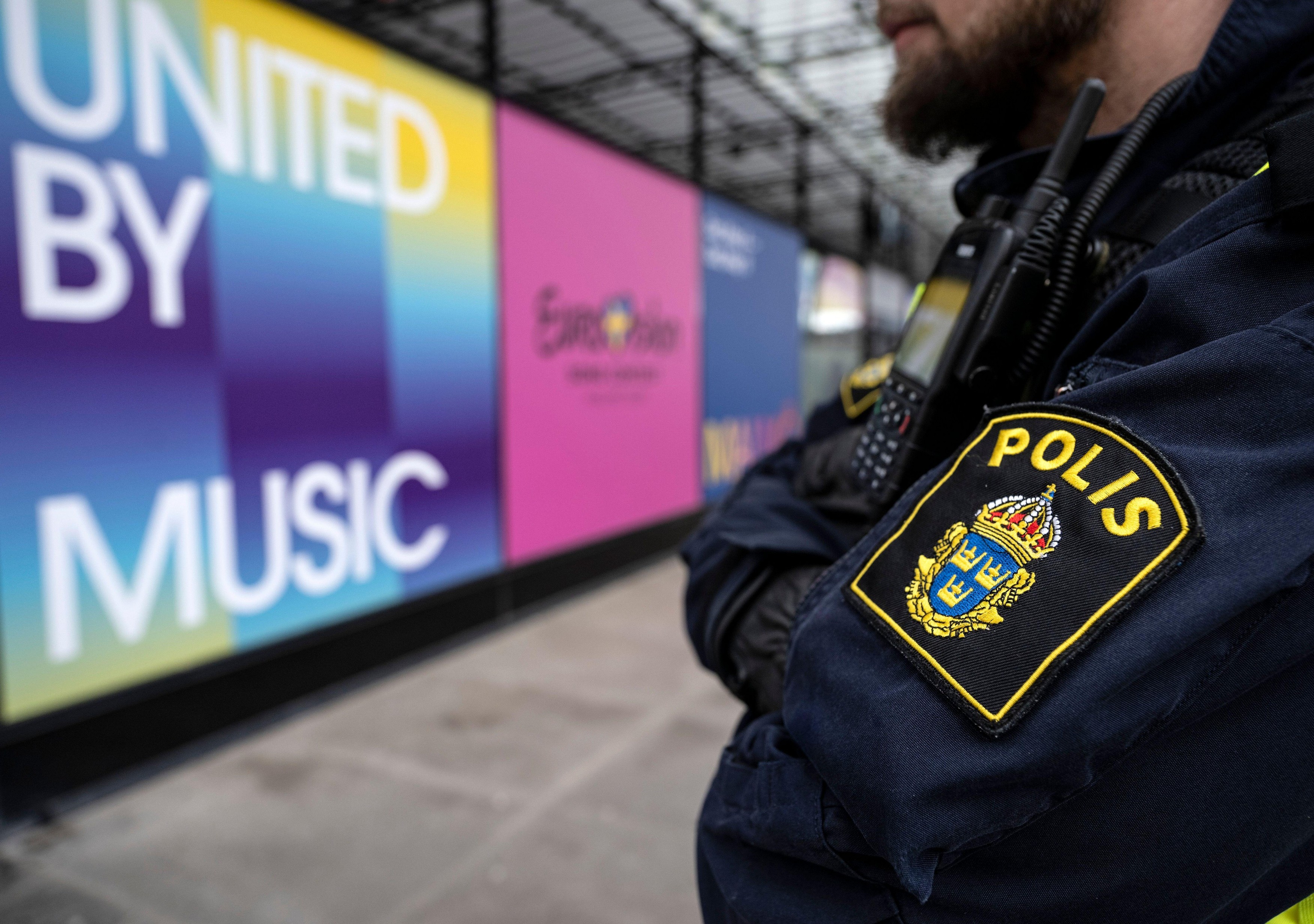 Police outside Malm Arena. Bomb dogs were on site at the Malm Arena and at several of the hotels in Malm as part of the ongoing security work ahead of next week's Eurovision Song Contest. A large police effort will be on site throughout the event, includi