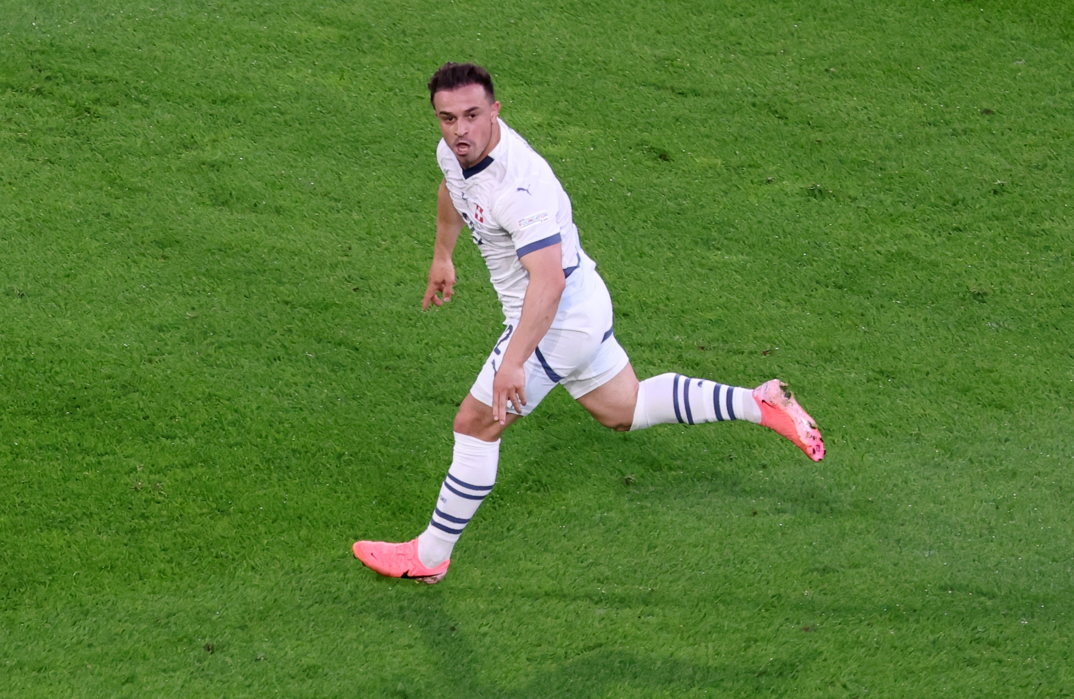 epa11423945 Xherdan Shaqiri of Switzerland celebrates scoring the 1-1 equalising goal during the UEFA EURO 2024 group A soccer match between Scotland and Switzerland, in Cologne, Germany, 19 June 2024.  EPA-EFE/CHRISTOPHER NEUNDORF