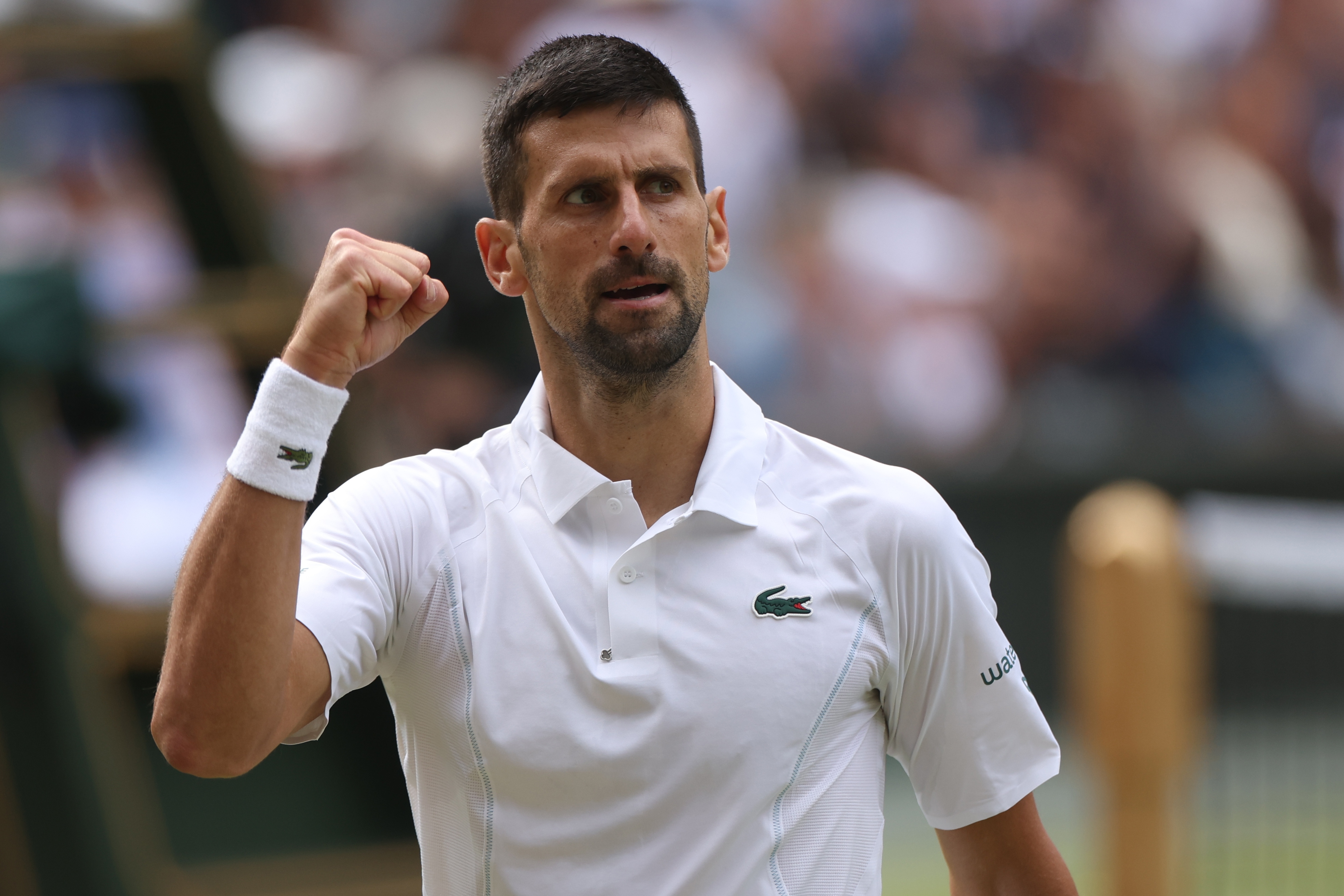epa11474658 Novak Djokovic of Serbia reacts during his Men's Singles semifinal match against Lorenzo
Musetti of Italy at the Wimbledon Championships, Wimbledon, Britain, 12 July 2024.  EPA-EFE/NEIL HALL  EDITORIAL USE ONLY