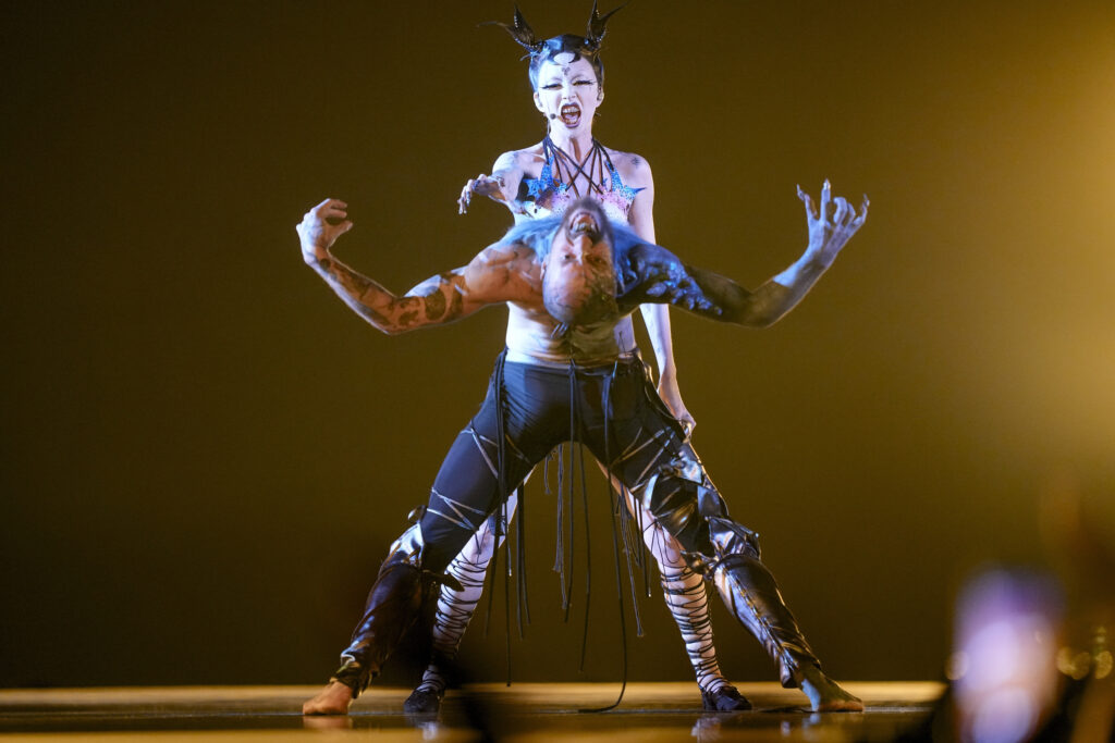 Bambie Thug of Ireland performs the song Doomsday Blue during the first semi-final at the Eurovision Song Contest in Malmo, Sweden, Tuesday, May 7, 2024. (AP Photo/Martin Meissner)