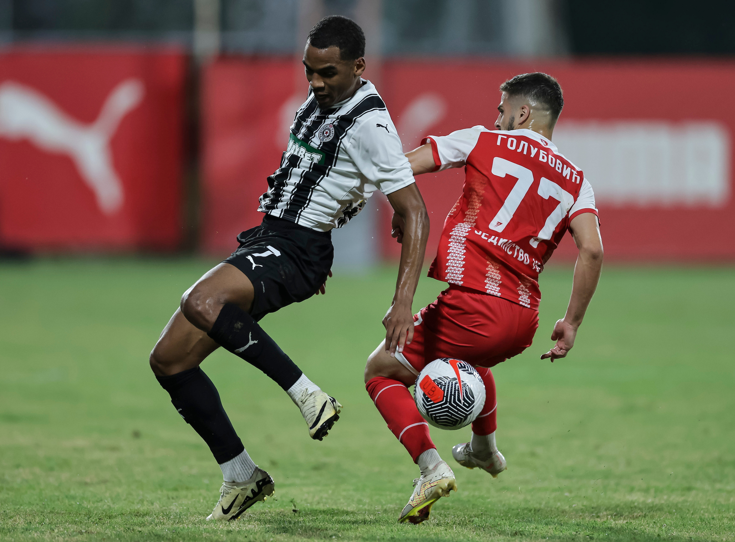 during the Mozzart Super Liga 2024/2025 match between Jedinstvo Ub and Partizan at stadium Dragan Dzajicon July 27, 2024 in Ub, Serbia. (Photo by Srdjan Stevanovic/Starsport.rs ©)