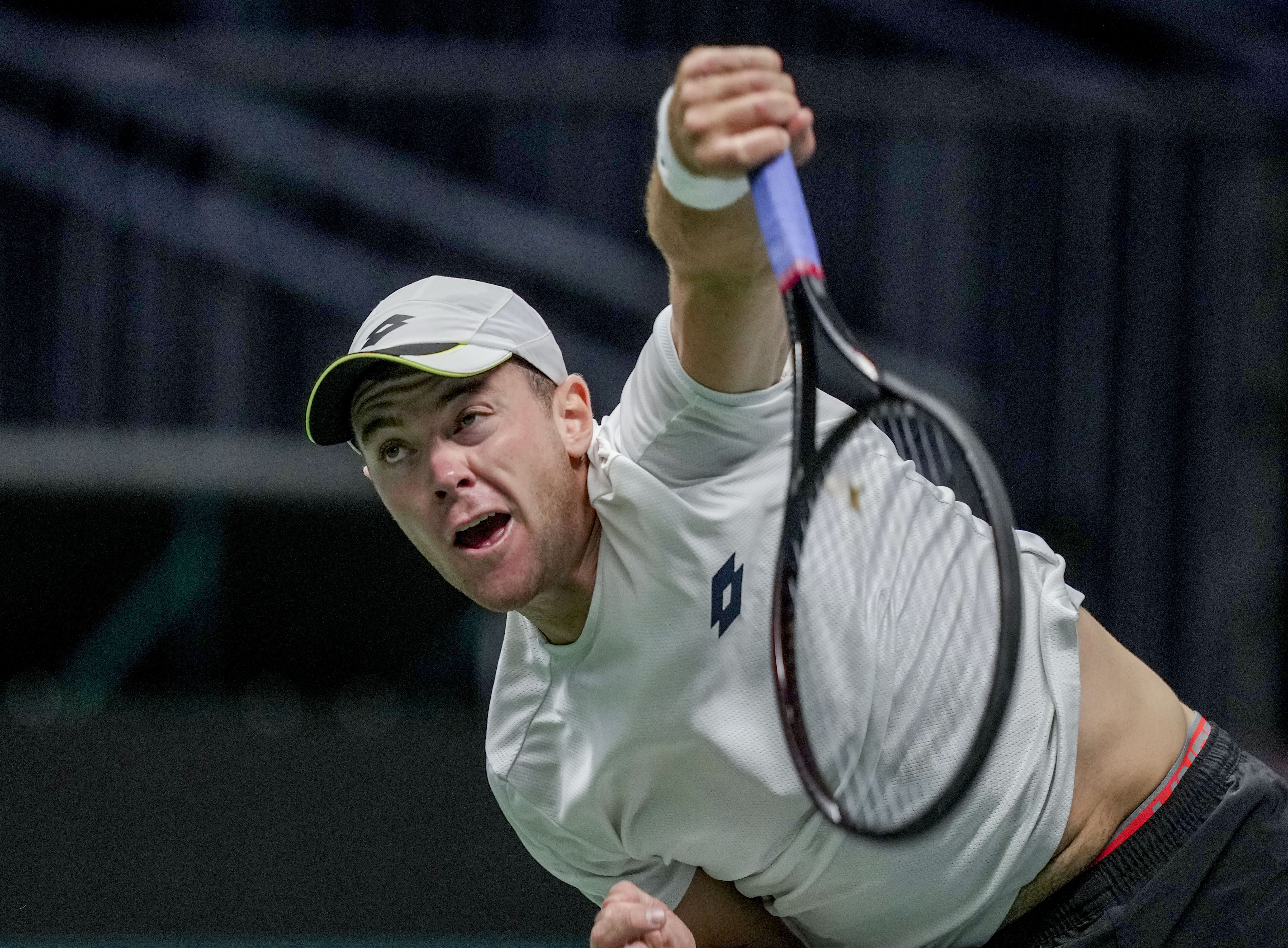 Germany's Dominik Koepfer serves against Serbia's Filip Krajinovic during a Davis Cup group F match between Serbia and Germany in Innsbruck, Austria, Saturday, Nov. 27, 2021. (Photo/Michael Probst)