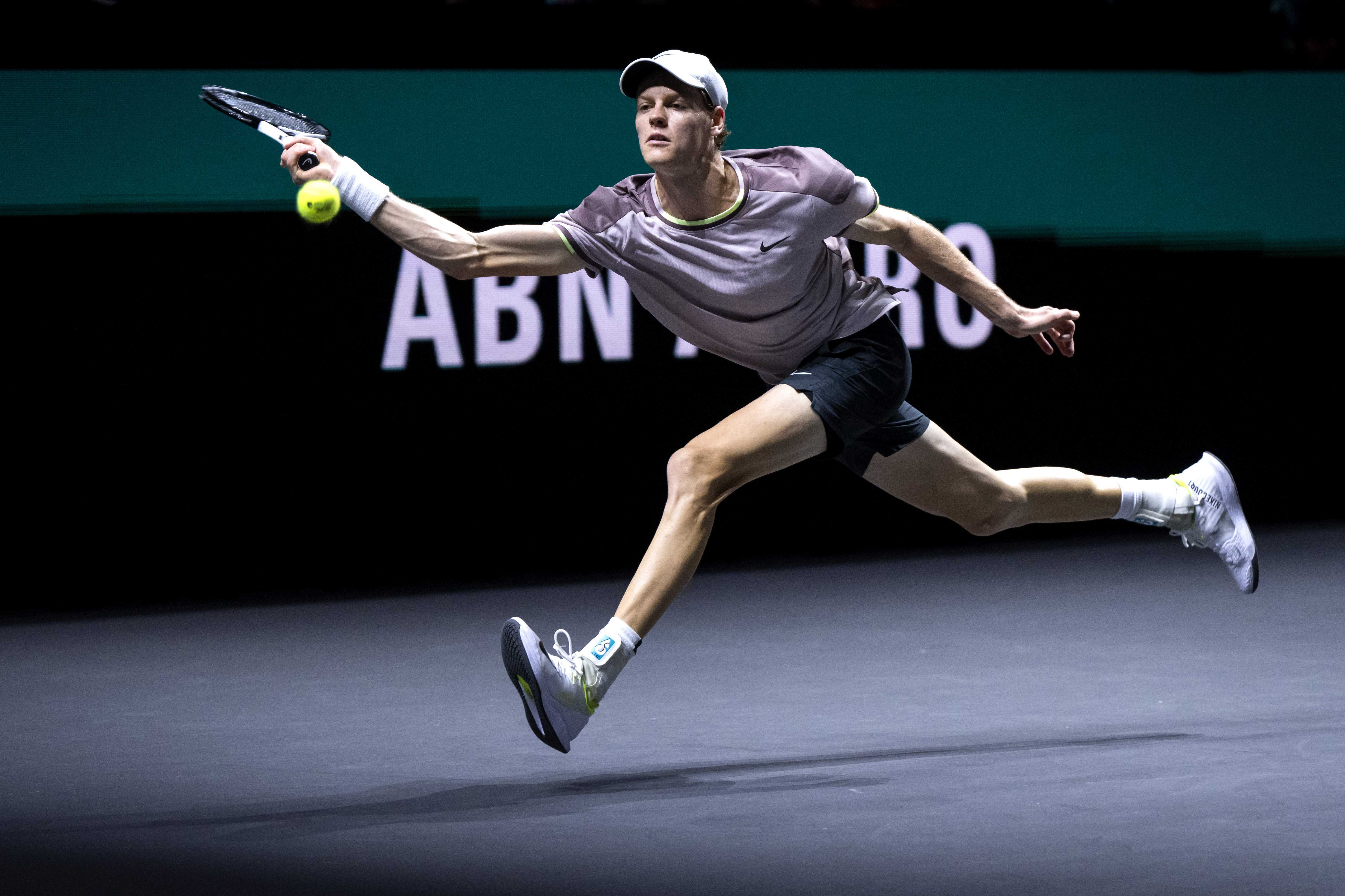 epa11163954 Jannik Sinner of Italy in action against Alex de Minaur of Australia  during their final match at the ABN AMRO Open tennis tournament at Ahoy indoor arena in Rotterdam, the Netherlands, 18 February 2024.  EPA-EFE/SANDER KONING