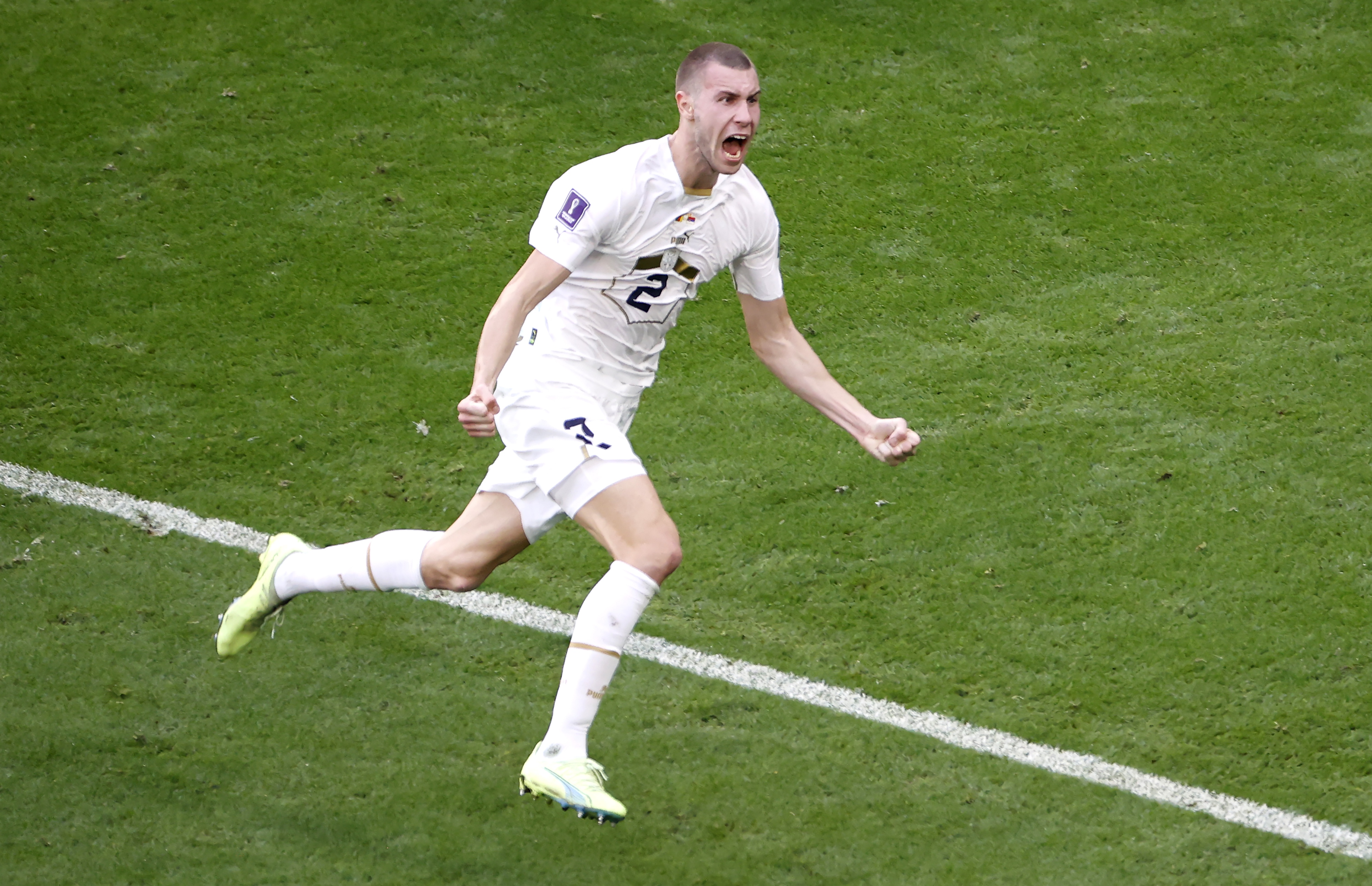 epa10333822 Strahinja Pavlovic of Serbia celebrates after scoring the opening goal during the FIFA World Cup 2022 group G soccer match between Cameroon and Serbia at Al Janoub Stadium in Al Wakrah, Qatar, 28 November 2022.  EPA-EFE/Rolex dela Pena