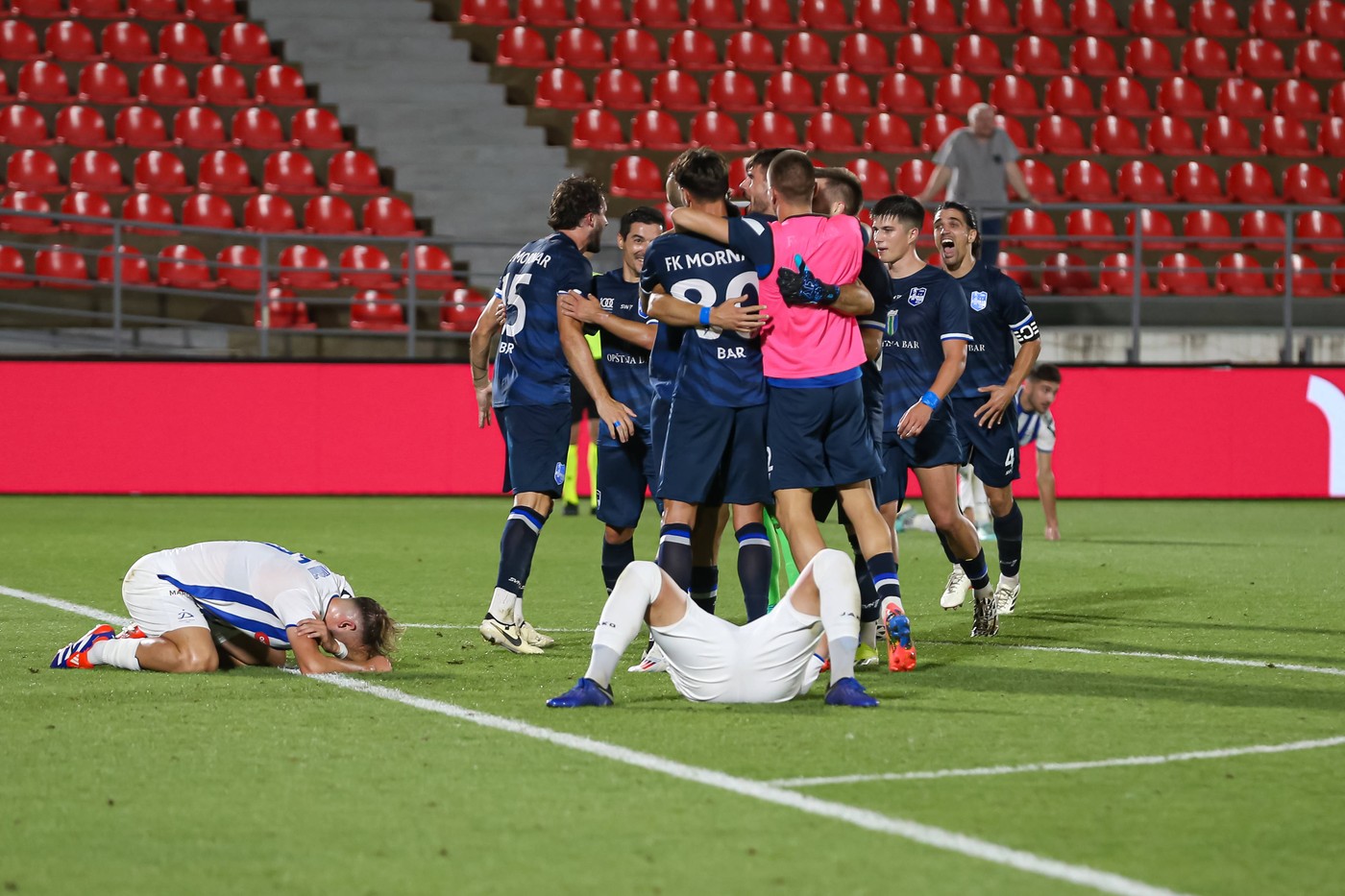 The players of FC Mornar celebrate their team reaching the next round after the UEFA Europa Conference League first qual