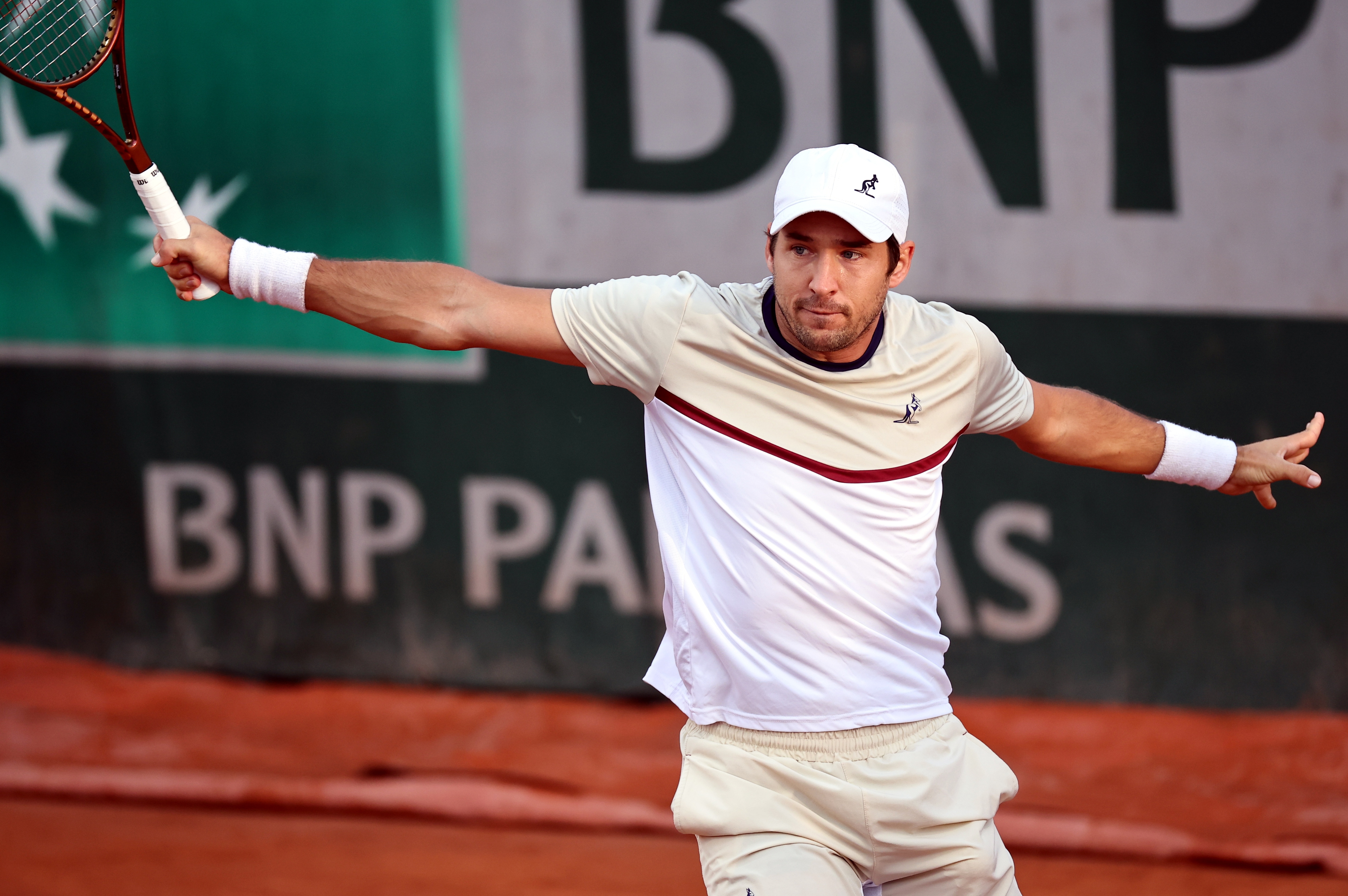 epa11380336 Dusan Lajovic of Serbia in action during his Men's Singles 2nd round match against Taylor Fritz of the USA during the French Open Grand Slam tennis tournament at Roland Garros in Paris, France, 30 May 2024.  EPA-EFE/CHRISTOPHE PETIT TESSON