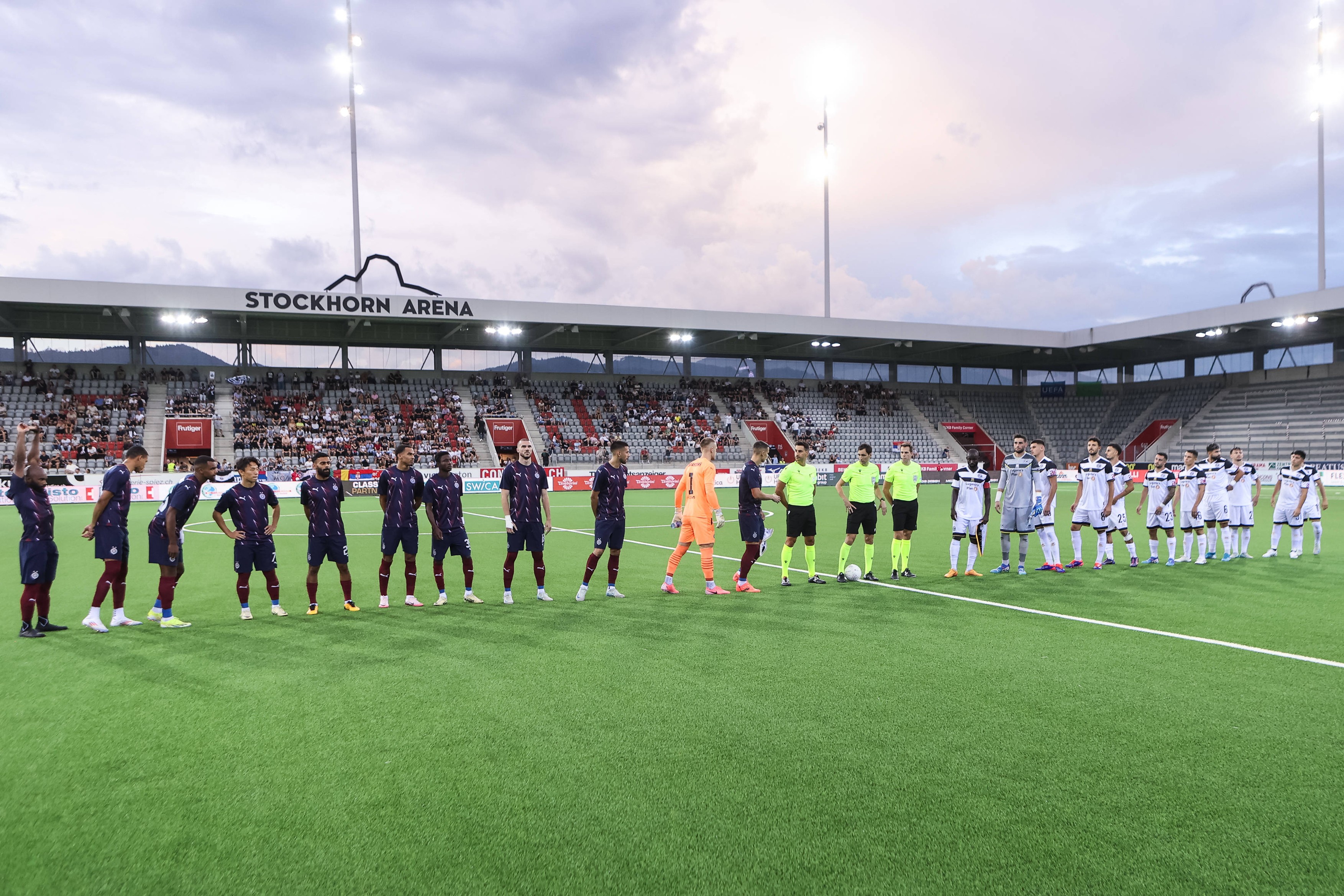 15.8.2024, Thun, Arena Thun, Uefa Europa League: FC Lugano - Partizan, Partizan and Lugano players before the game Thun