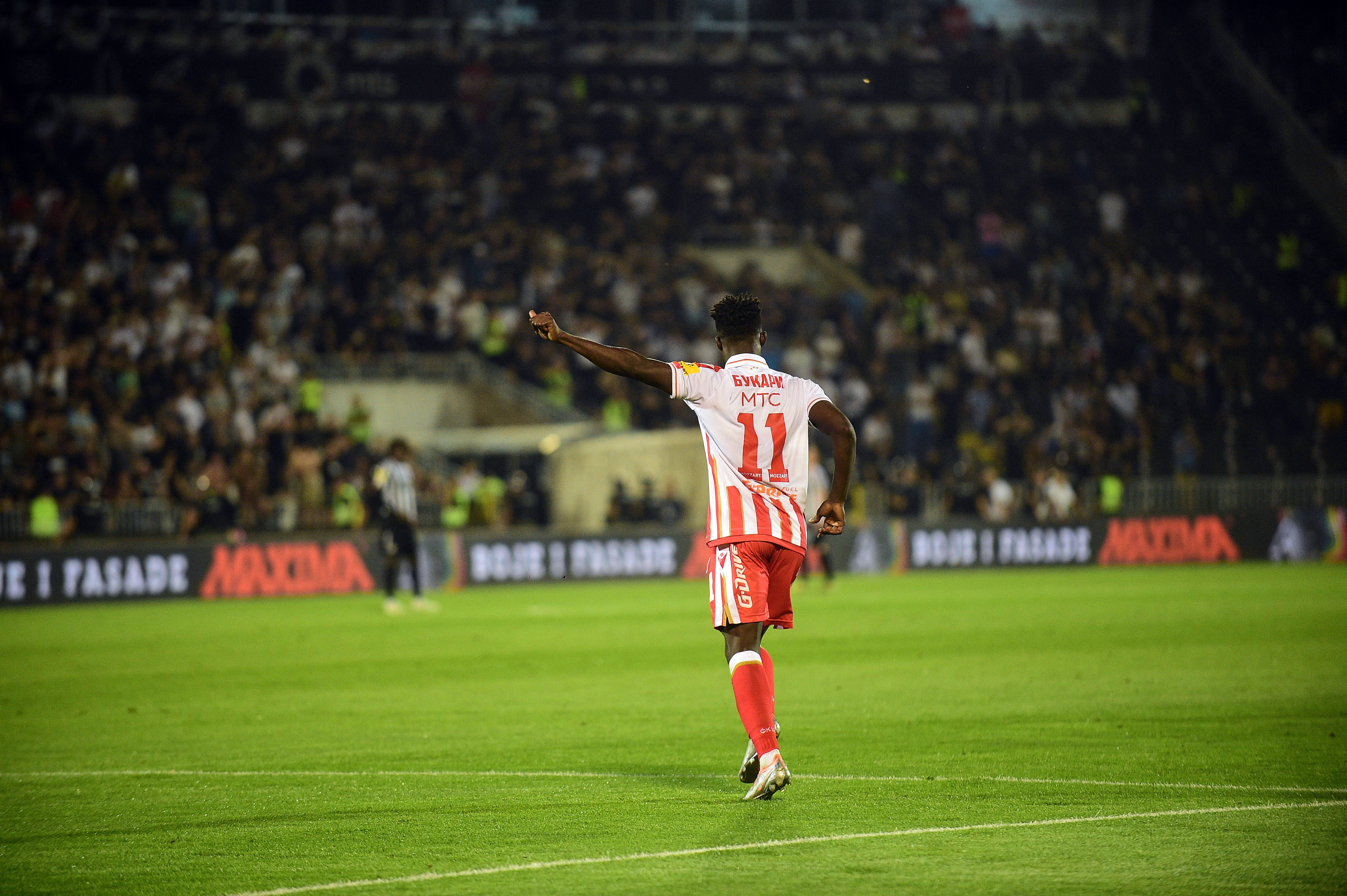 Osman Bukari celebrating goal he scored on Mozzart Super Liga 2022/2023 match between Partizan and Crvena Zveza at Partizan Stadium on August 31, 2022 in Belgrade, Serbia. (Photo by Dusan Milenkovic/Starsport.rs ©)