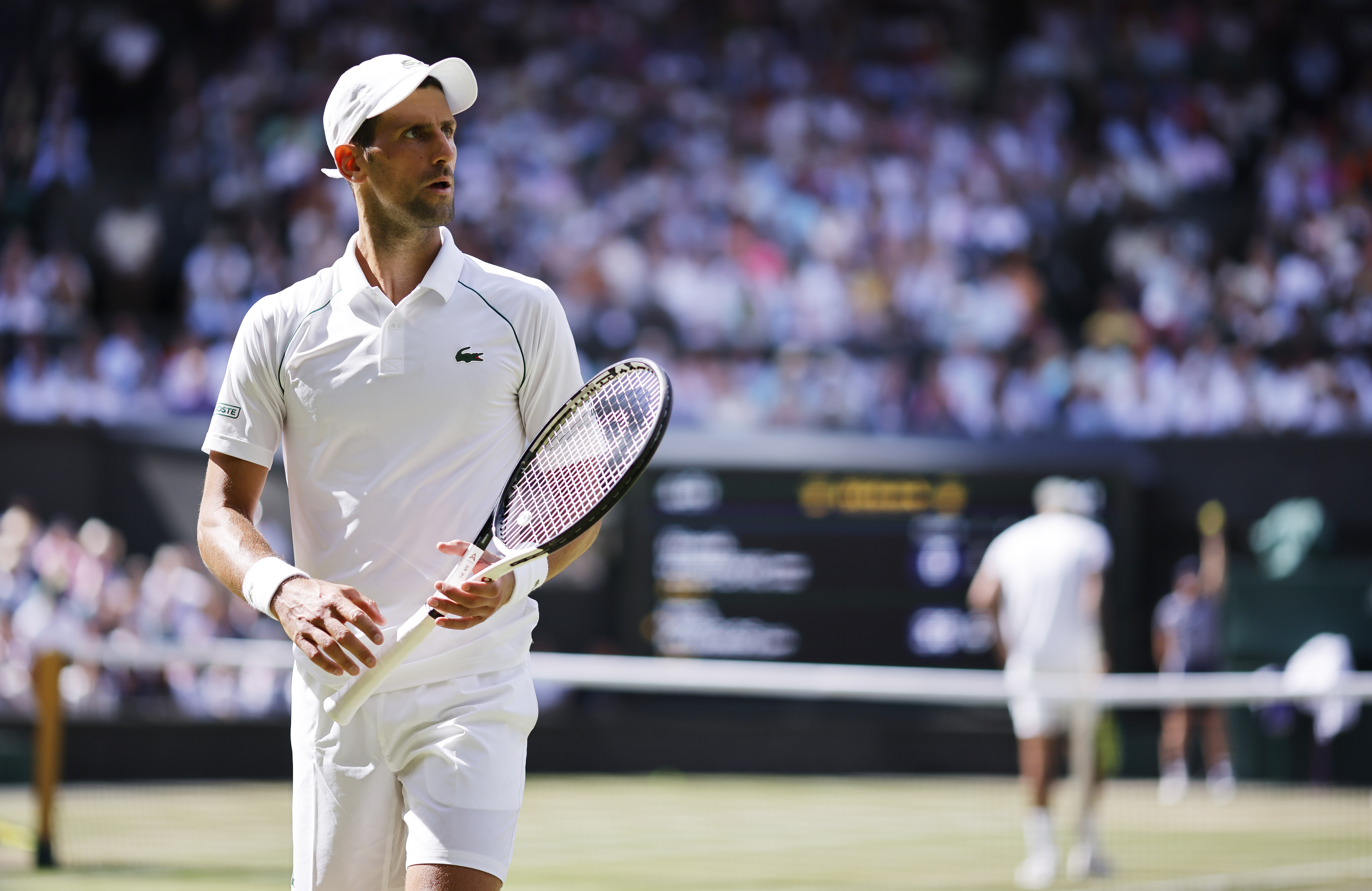 epa10063923 Novak Djokovic of Serbia in the men's final match against Nick Kyrgios of Australia at the Wimbledon Championships, in Wimbledon, Britain, 10 July 2022.  EPA-EFE/TOLGA AKMEN   EDITORIAL USE ONLY