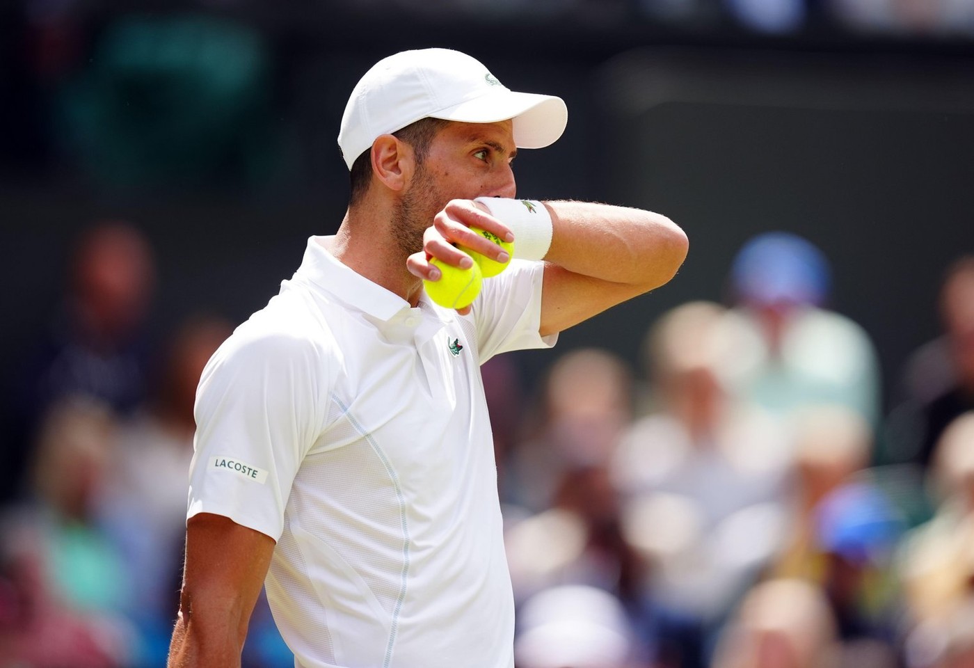 Novak Djokovic in action against Jacob Fearnley (not pictured) on day four of the 2024 Wimbledon Championships at the All England Lawn Tennis and Croquet Club, London. Picture date: Thursday July 4, 2024.