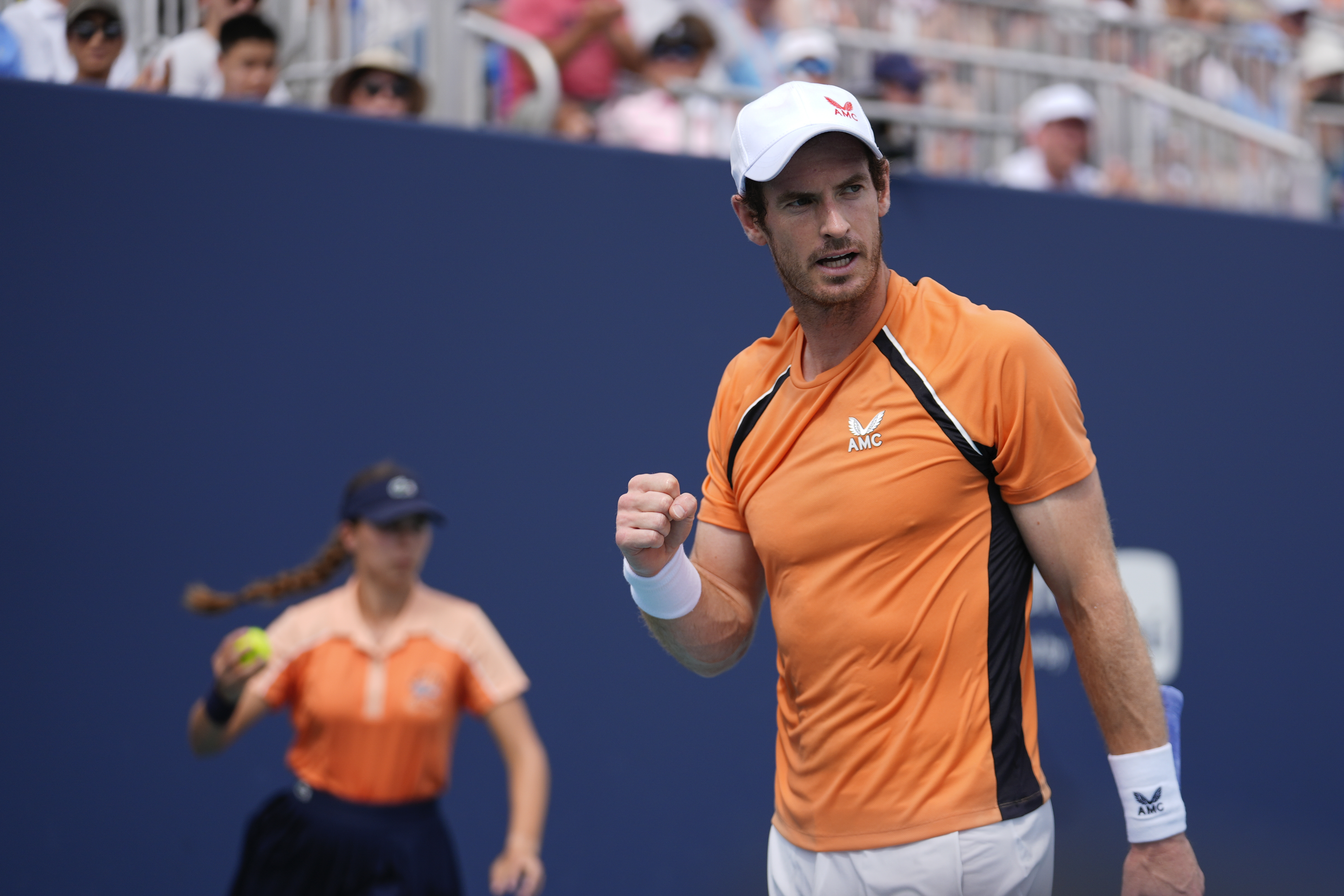 Andy Murray, of Great Britain, celebrates winning a game against Tomas Machac, of Czech Republic, in their men's third round match at the Miami Open tennis tournament, Sunday, March 24, 2024, in Miami Gardens, Fla. (AP Photo/Rebecca Blackwell)