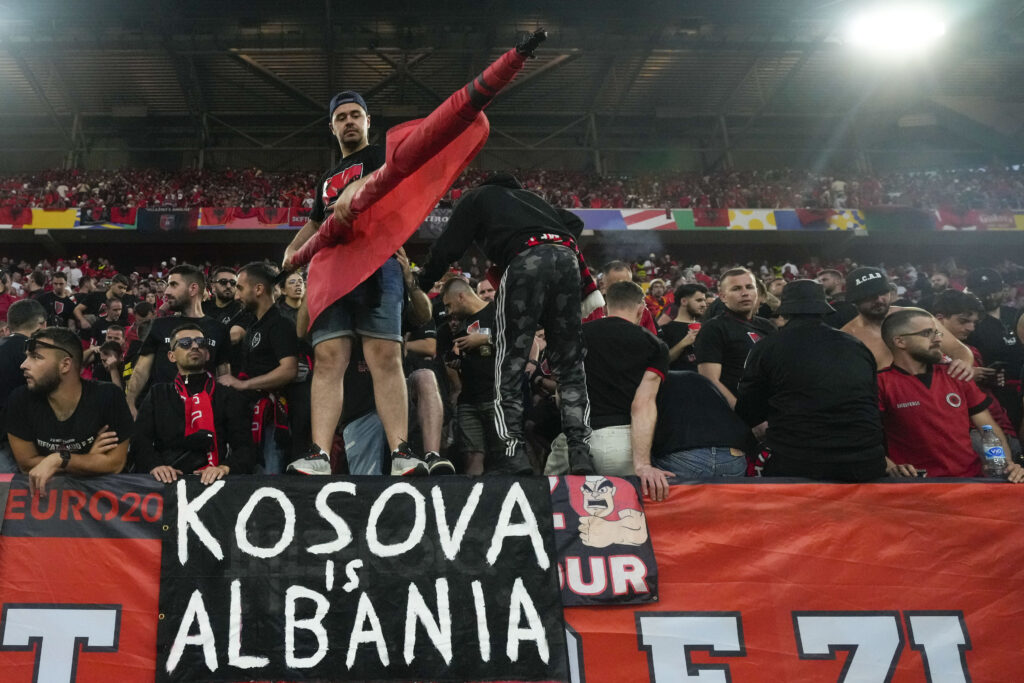 Albanian fans display a banner ''Kosovo is Albania" during a Group B match between Albania and Spain at the Euro 2024 soccer tournament in Duesseldorf, Germany, Monday, June 24, 2024. (AP Photo/Frank Augstein)