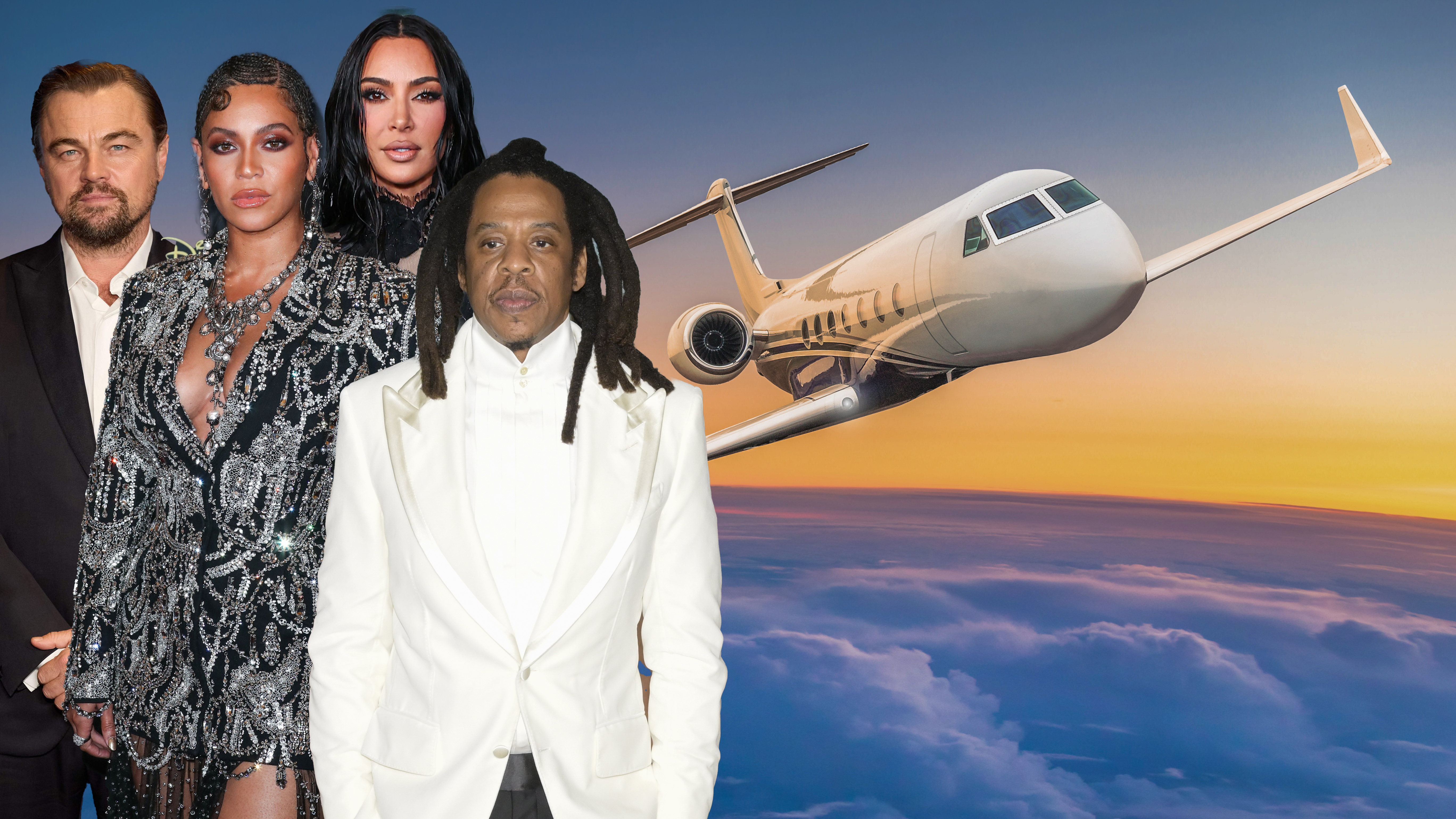 Private jet plane flying above dramatic clouds during sunset. Leonardo Dikaprio, Kim Kardašijan, Bijonse i Jay Z
