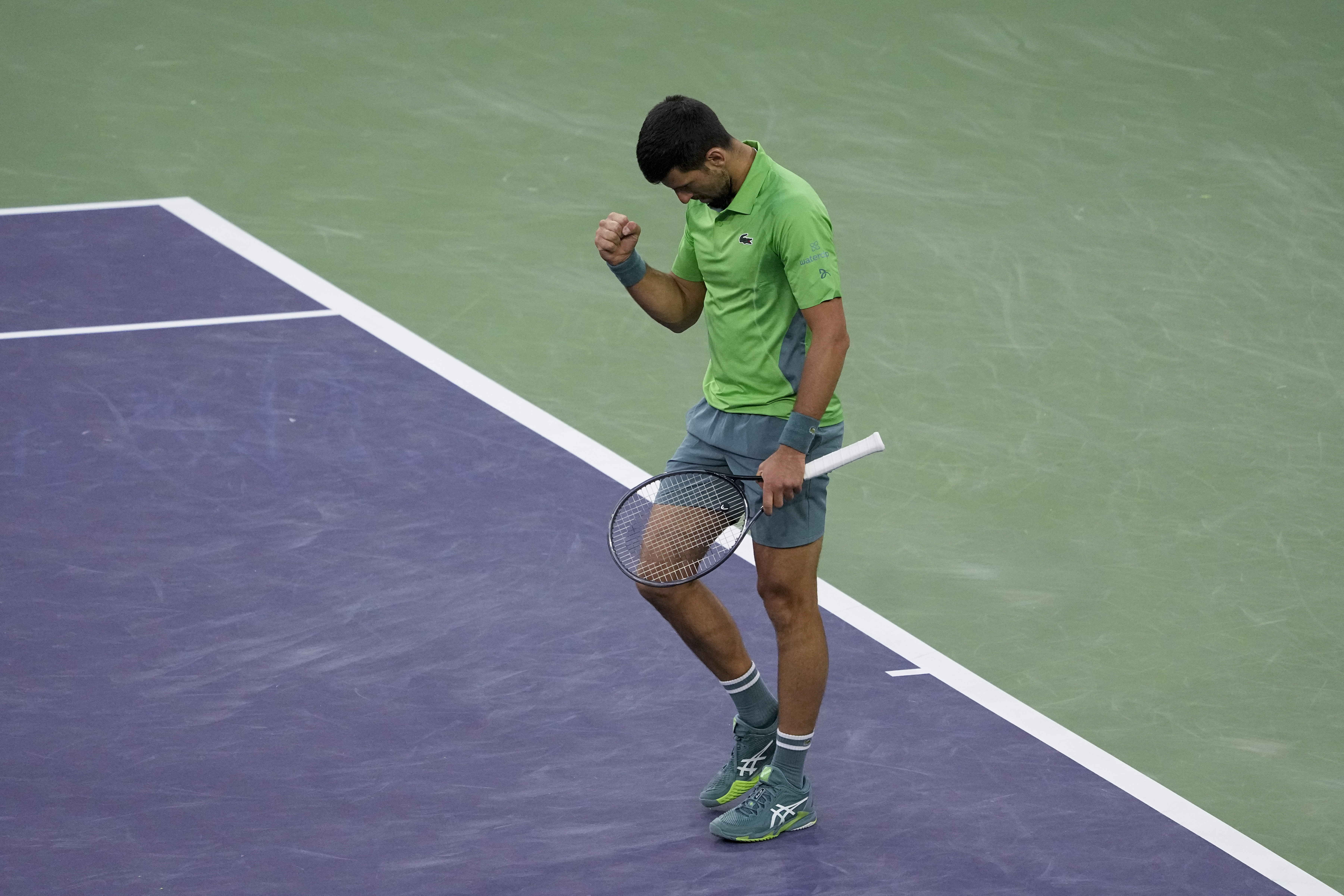 Novak Djokovic, of Serbia, celebrates after defeating Aleksandar Vukic, of Australia, at the BNP Paribas Open tennis tournament, Saturday, March 9, 2024, in Indian Wells, Calif. (AP Photo/Mark J. Terrill)