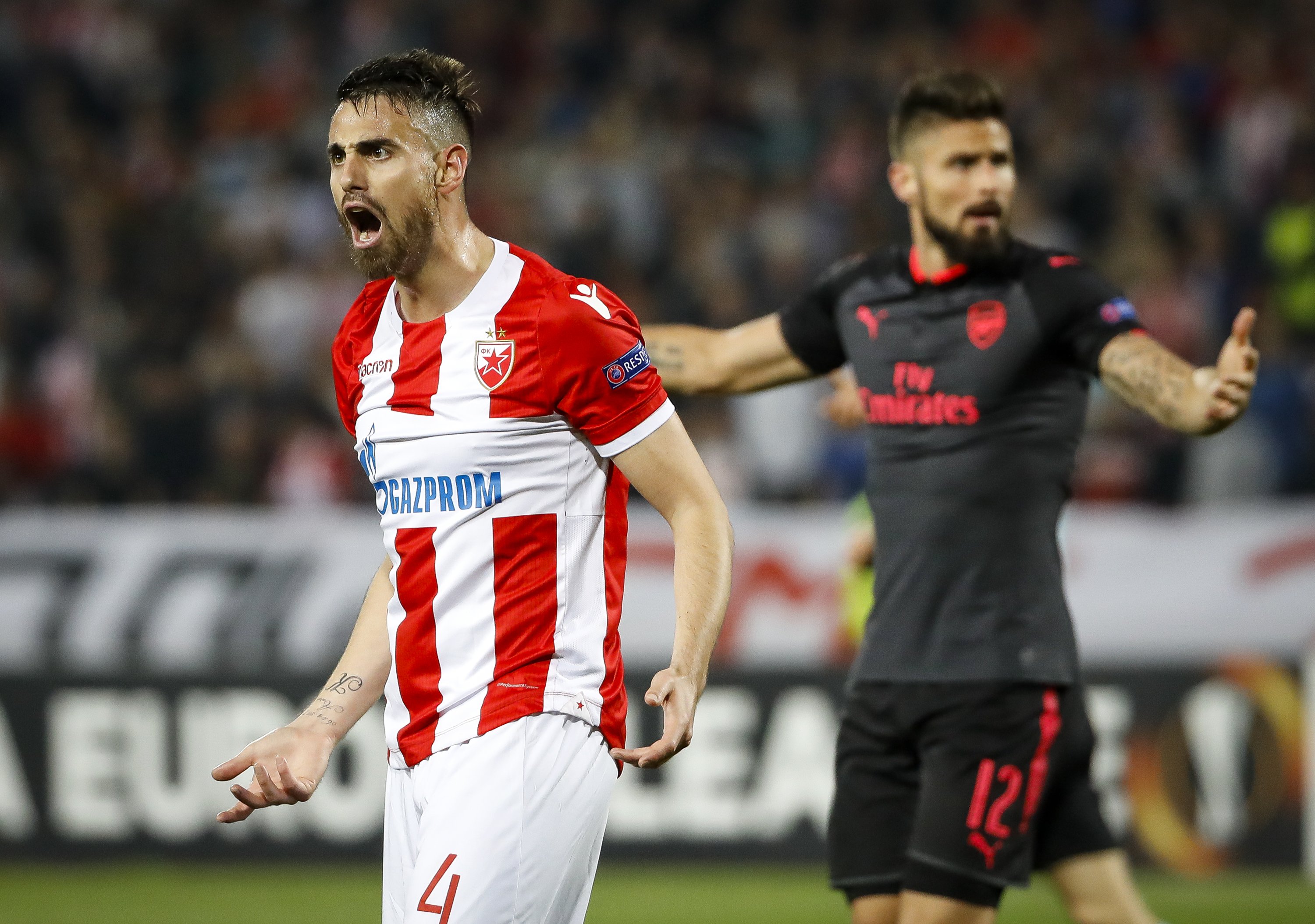 Fudbal UEFA Europa League Group H season 2017-2018
Crvena Zvezda v Arsenal
Damien Le Tallec (L) and Olivier Giroud (R)
Beograd, 18.10.2017.
foto: Srdjan Stevanovic/Starsportphoto ©