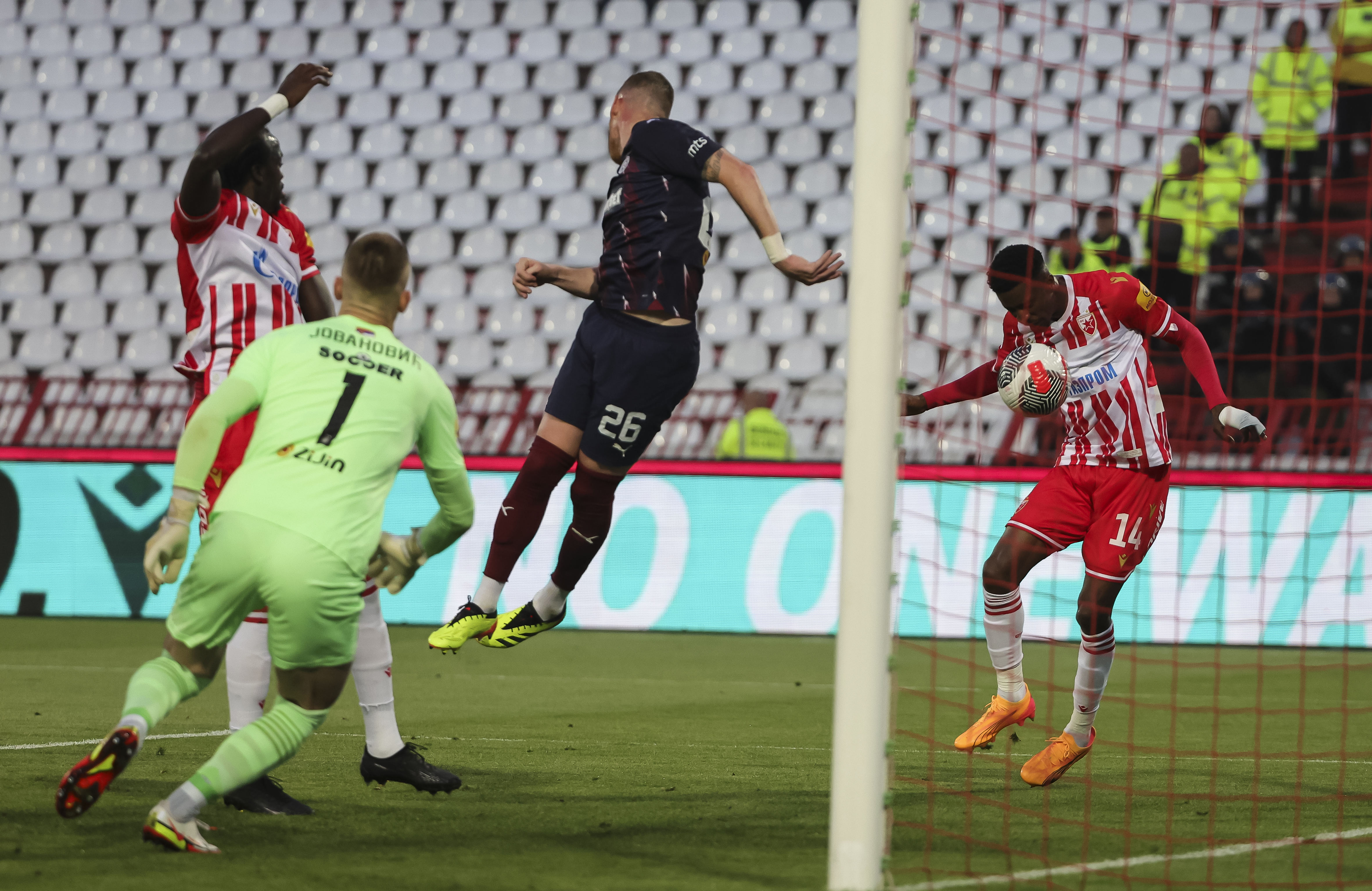 during the derby derbi veciti Polufinale Semifinals Kup Srbije Season 2023/2024 match between Crvena Zvezda and Partizan at stadium Rajko Mitic (Marakana) on April 24, 2024 in Belgrade, Serbia. (Photo by Srdjan Stevanovic/Starsport.rs ©)
