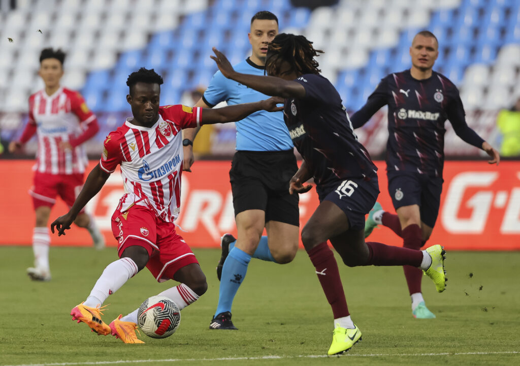 during the derby derbi veciti Polufinale Semifinals Kup Srbije Season 2023/2024 match between Crvena Zvezda and Partizan at stadium Rajko Mitic (Marakana) on April 24, 2024 in Belgrade, Serbia. (Photo by Srdjan Stevanovic/Starsport.rs ©)