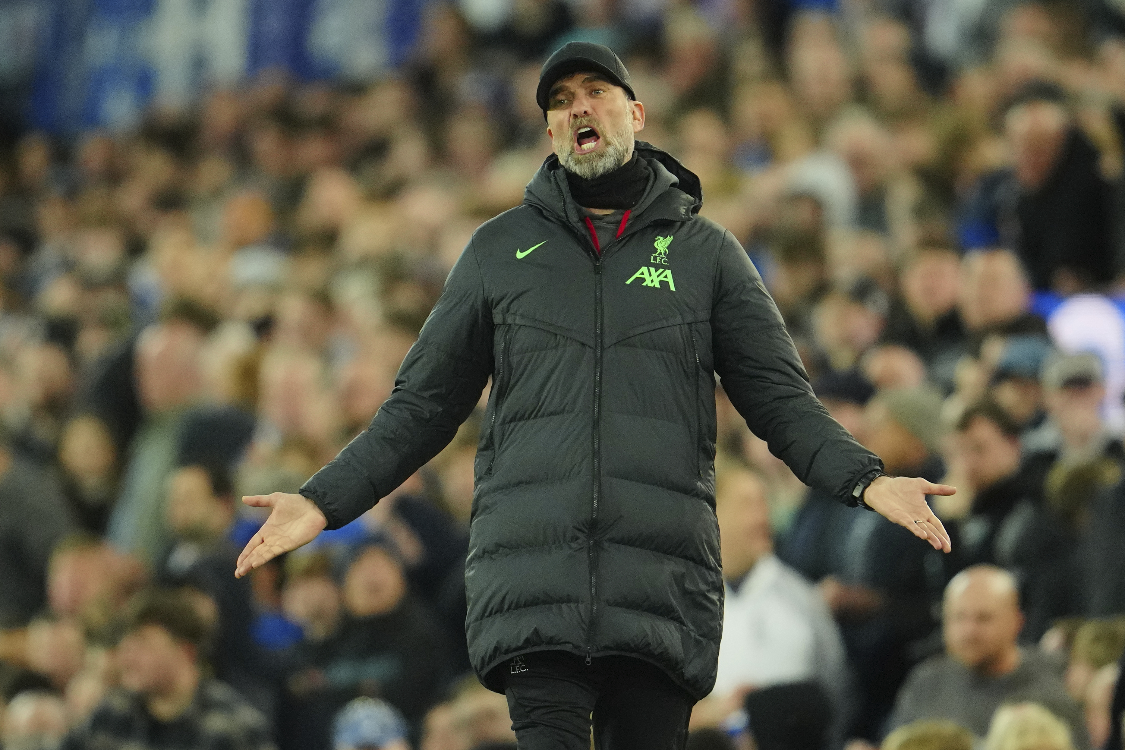 Liverpool's manager Jurgen Klopp reacts during the English Premier League soccer match between Everton and Liverpool at the Goodison Park stadium in Liverpool, Britain, Wednesday, April 24, 2024. (AP Photo/Jon Super)