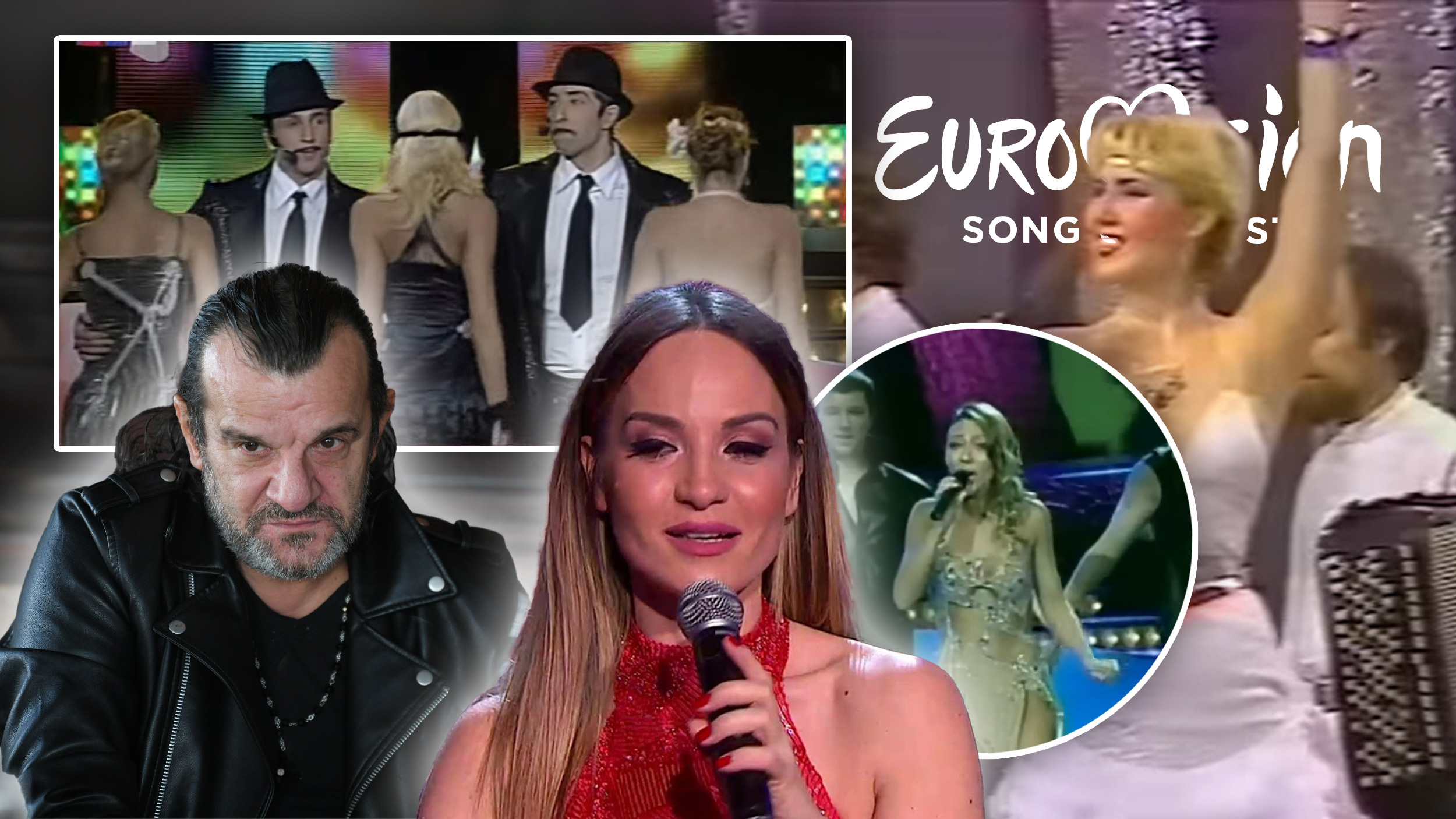 Brena osamdesetih kad je nastupala na Jugoviziji, Aca Lukas, Flamingosi, Jelena Tomaševoć i Ana Nikolić i neki znak Evrovizije