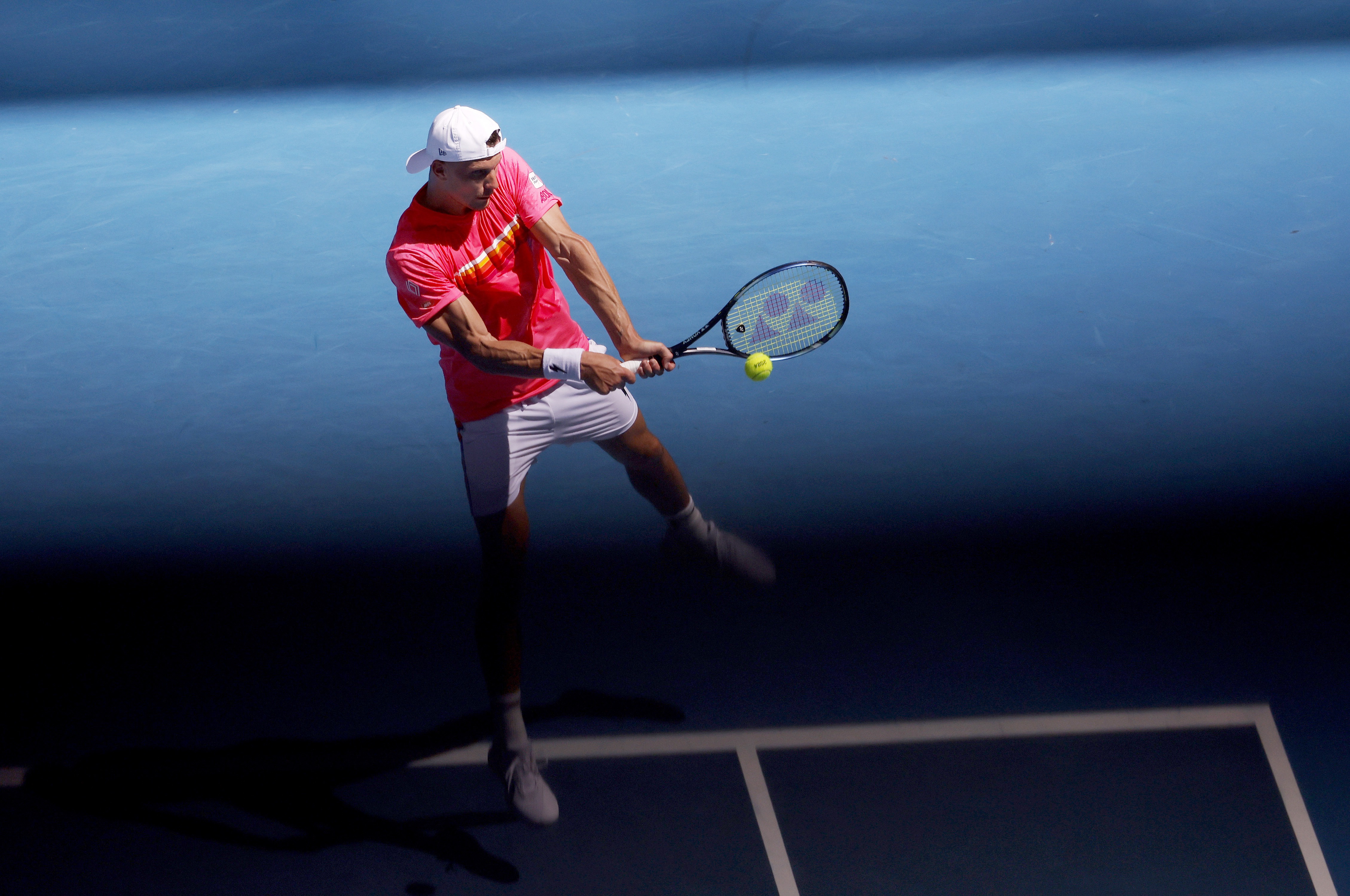epa11081370 Marton Fucsovics of Hungary in action against Grigor Dimitrov of Bulgaria during the Men's 1st round match at the Australian Open tennis tournament in Melbourne, Australia, 16 January 2024.  EPA-EFE/MAST IRHAM