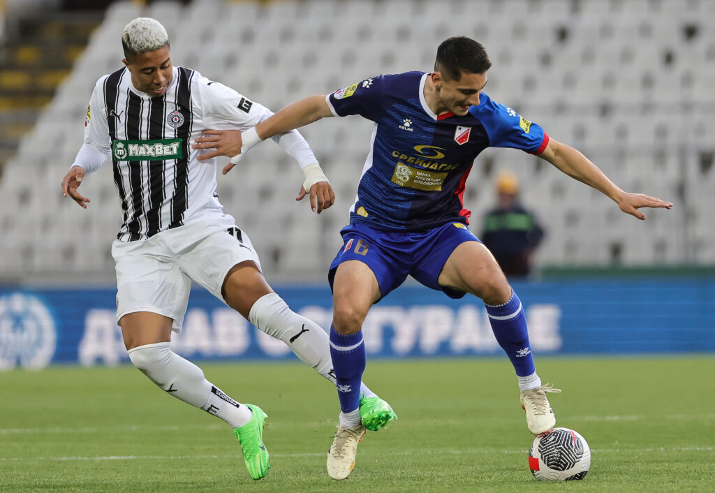 during the Mozzart Super Liga 2023/2024 Play Off match between Partizan and Vojvodina Novi Sad at stadium FK Partizan (JNA) on May 02, 2024 in Belgrade, Serbia. (Photo by Srdjan Stevanovic/Starsport.rs ©)
