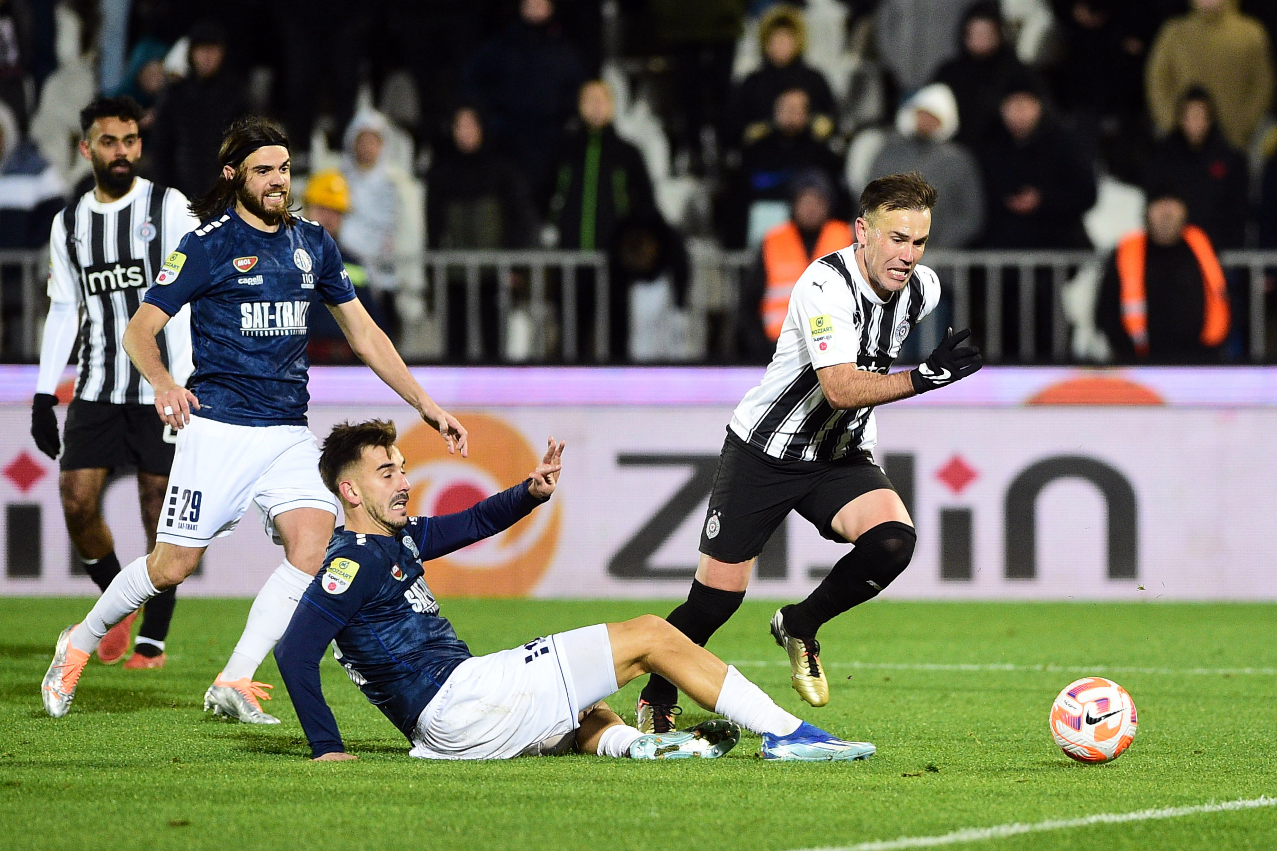 Milos Cvetkovic (L), Nemanja Stojic (M) and Bibars Natcho (R) at Mozzart Super Liga Srbije 2023/2024 match between fk Partizan and fk TSC Backa Topola, played at Partizan Stadium, 25.11.2023, Belgrade, Serbia. (Photo by Dusan Milenkovic/Starsport.rs ©)